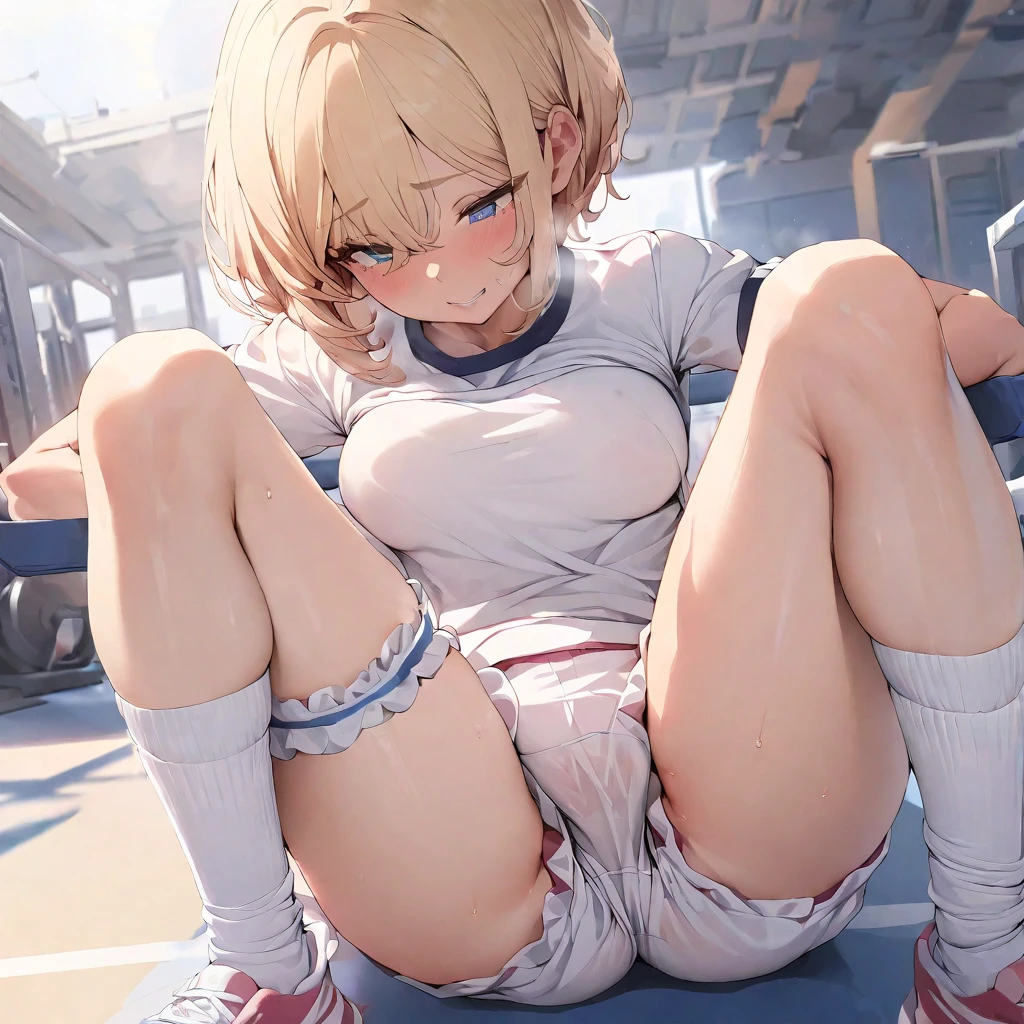 highest quality, masterpiece, detailed, nsfw, 1 female , (((vagina))),((flat breast)), sitting, 1 leg up high, choker, anklet, nipples, anklet, JK, from below, toe, bare foot, pool side, (Soles in front), ((spread legs)), pussy juice, 14 years old, No pantie, smile, two side up hair, knees away, hold knee, pinch own nipples, put the soles of the feet forward, pinch own nipples, school Gym suit, undressing, 