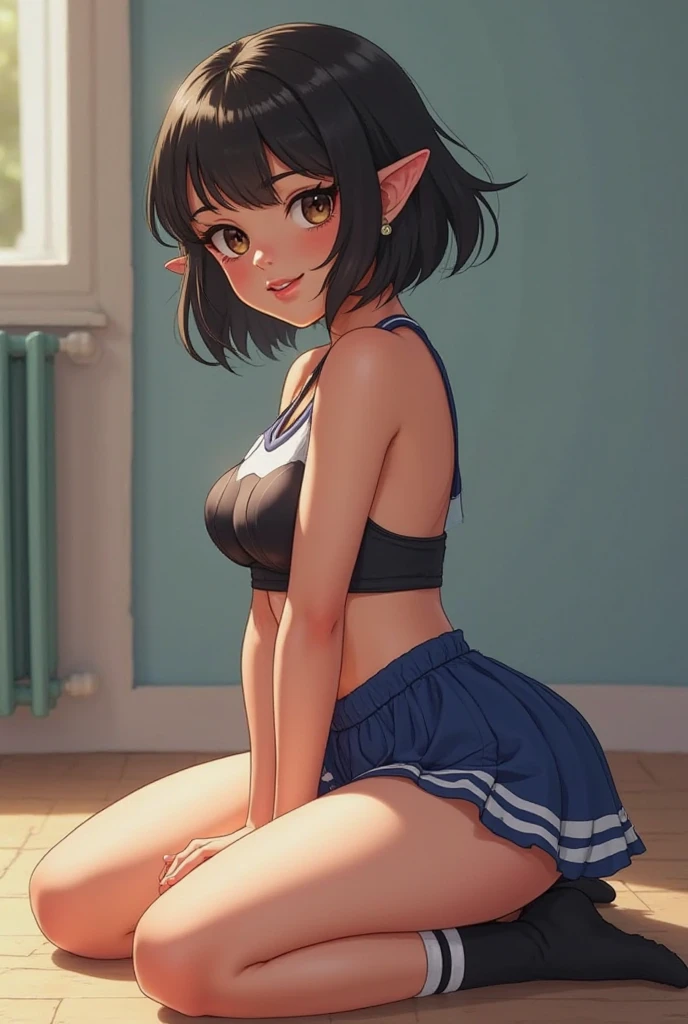 High resolution, Very detailed, perfect lighting, beautiful detailed eyes, ((masterpiece,Best Quality)), absurdities, alone, princess zelda, by the width, crown braid, Hair clip, pointy ears, Gloves without fingers, black gloves, smile, curves, nod, , deep neckline, deep neckline, blue thong, touching her breasts in a sexy way, close up, pigtails with bangs, pigtails with bangs, touching her breasts in a sexy way, teal eyes, close up, pigtails with bangs, pink beret, Slim fit sailor suit, Slim fit sailor suit, short black skirt, down on my knees, down on my knees, pink beret, pink stockings, pink stockings, crouched on her knees, overhead, overhead, view from behind, view from behind, big ass, pigtails with fringe, sexy blue lingerie, dark hair