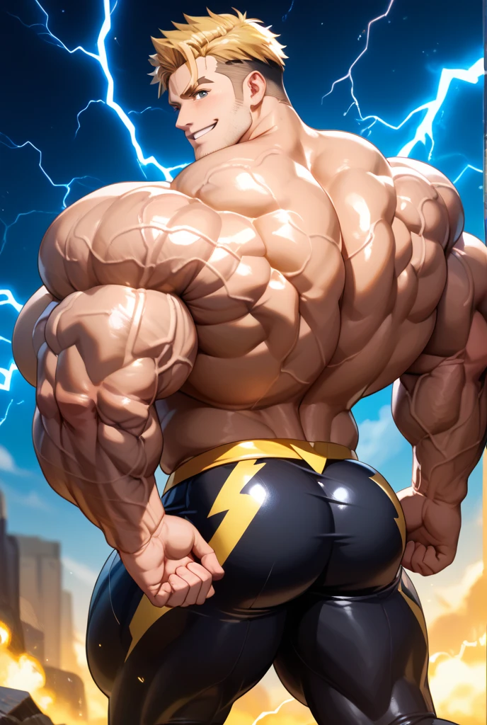 There is only one handsome Asian actor in the photo，35 years old，High target, Fitness，short hair, O-Shaped Beard，Perfect body, Dark skin color，Radiant Skin，Smooth skin，Shiny, shiny skin，Smooth pectoral muscles，No chest hair，No body hair，Muscle bulge, muscular, Very large pectoral muscles，Very sexy abdominal muscles，Very well-developed leg muscles，Huge concave and convex area，Brightens oily skin，Wearing a shiny gold leather thong，Handsome face，Normal human toes，Correct and accurate male body proportions，Superhero style，Golden Energy,Gold Theme,Energy surrounding, Light particle effects, dusk, electricity,Dynamic poses,Multiple light points surrounded by energy,Golden Energy ，Golden flame,，Gradient sky, magic。
