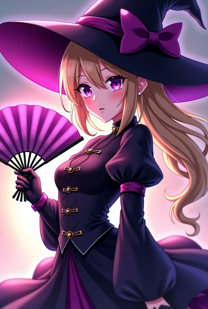top angle view, Short girl, short blond hair, gothic purple witch cosplay, beautiful blue eyes, skinny, low smile, into the street environment, little witch hat, cleavage, small waist, beautiful detailed eyes, focus on face, fisheye effect camera