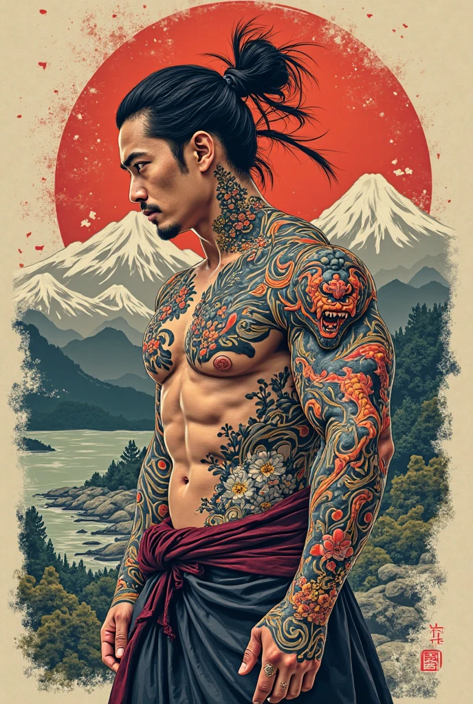 a sexy tattooed samurai man wearing fundoshi, while he's outside on a beautiful spring day <lora:Cruz'sFundoshi:0.55>, realism, photorealistic, HD