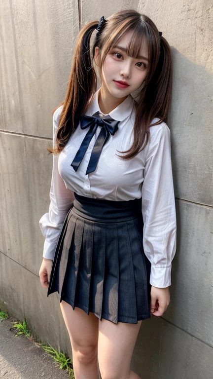 White blouse and black skirt, schoolgirl, from very below
