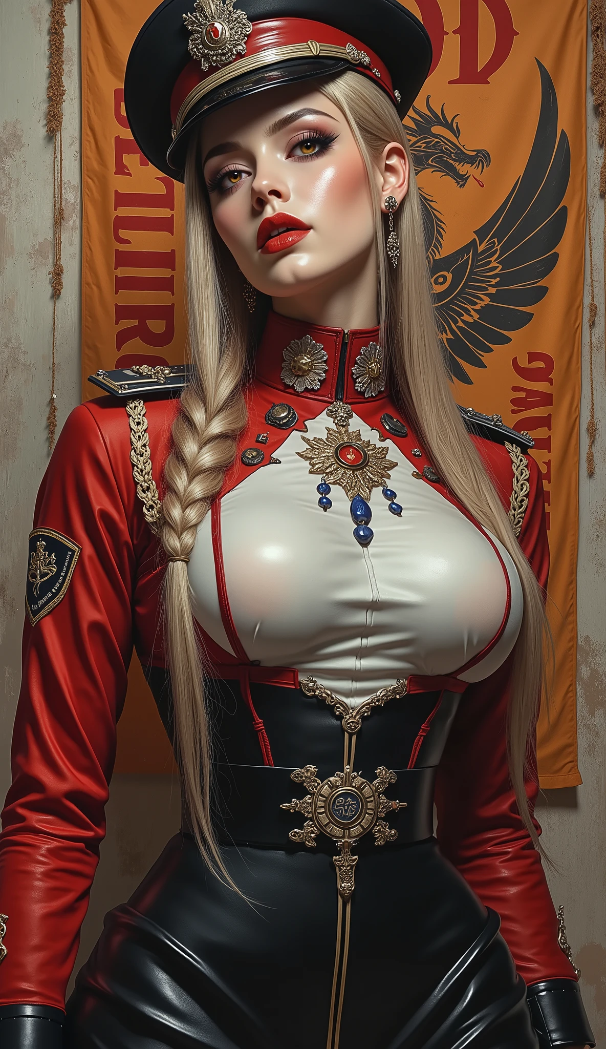 Detailed multi-colored proportions and textures with airbrushed brushstrokes presenting a semi-realistic illustration in Chinese A beautiful and strong young woman wearing an military uniform style epic fantasy, gothic armor where grayish black tones predominate, mixed with vivid colors (full body, with a confident and bold posture, playful gaze, bright golden yellow eyes, defined eyebrows, long eyelashes, perfect face, full lips, huge round breasts, flat stomach, wide hips, slim waist, thick thighs), Her long straight blonde hair is tied in a (long) braid falling down her back. Her uniform consists of a red, gray and white shirt beautifully decorated with military orders, decorations and medals, a tight high-waisted knee-length pencil skirt and an officer's beret decorated with a military police badge. In the background, a cloth army banner with bold red letters reading "GOD, EMPIRE, AND LIBERTY" and an image in the style of noble house emblems of a dragon with open wings. The composition, halfway between vintage and cyberpunk, of the overall image is a clean, crisp, and high-quality masterpiece. very balanced saturation across very defined color palettes (Color with intense monochromatic shaded tones and brightness, red hue 25% + yellow 25% + blue 25% + biofluorescent 12.5% ​​​​​​+ transparencies 12.5%. Aesthetic fusion by (Fibonacci ratio. A realistic doll of a young military woman. of a young military woman (Includes a variety of pink skin and dark beige tones that give it contrast and brightness) type of character. Fluid texture that gives the sensation of movement to the leafy style that molds to the figure (her clothing with relief and folds gives volume and depth to the character). Haute couture photoshoot (high quality full body). Highly detailed and sharp soft focus, approaching perfection, Full HD 8K. High and low angles. by Coco Chanel, Gianni Versace, Alberto Vargas, Greg Rutkowsk fusion of artistic styles.