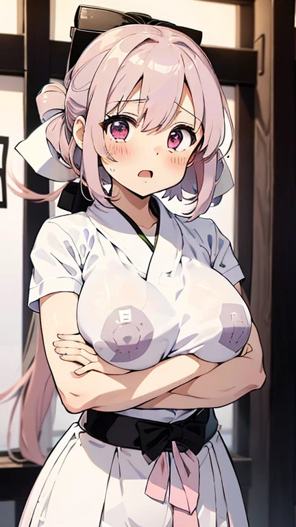 indoor,((hospital)),hospitalのベッド,Looking down from above,face focus, Green Eyes, Grey Hair, hair ornaments, bangs, Virtual YouTuber, Shine, blunt bangs, Double Bang, Animal ears, Flat Chest,Pink nurse uniform,Nurse hat,blush, ,, smile, orgasm,in heat,Are standing,topless,White bra,1boy,faceless male,male hands,{{{male touch her breasts}}}