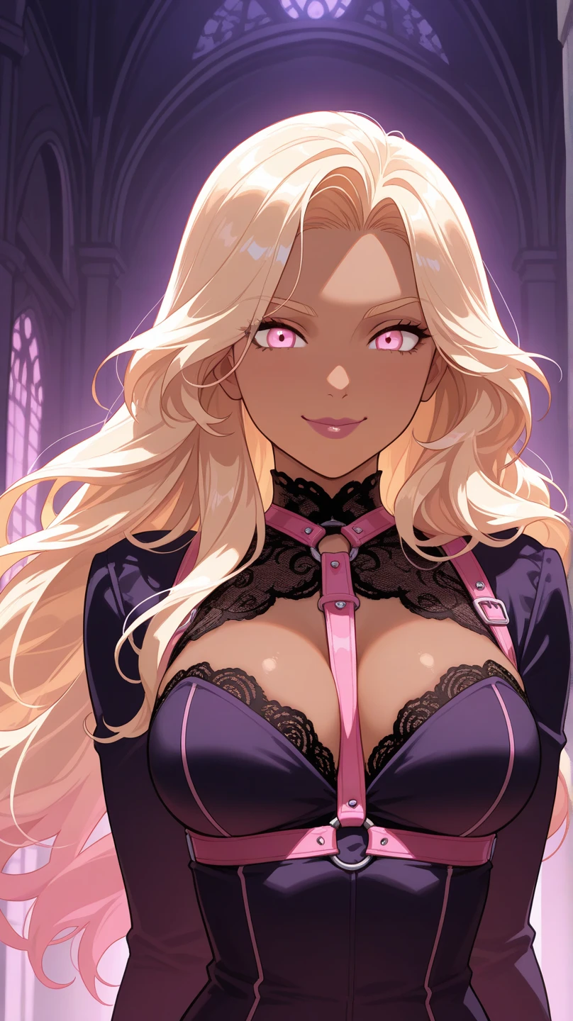 (highest quality:1.2,evil lady,cg, Very detailed, High Detail, digital coloring, High Contrast, masterpiece:1.2,suits, highest quality, Best aesthetics), 8k,masterpiece, cute,tall,beautiful,best quality, 1lady,blonde hair,long hair,wavy hair,empty eyes, (finely detailed glowing eyes and detailed face),,,,extremely detailed cg unity 8k wallpaper,solo,(latex military costume:0.9),large breasts,seductive smile,,latex thighhigh,large breasts,black hair,pink eyes,no jacket,formal shirts,thighhigh,,enamel suits,grossy lips,sitting,tight skirt,sadistic smile,,heel,shiny skin,tight skirt,detailed face,beautiful body,,adult,,show me breasts,sadistic,seductive smile,business suits,latex,no tie,bust shot,open mouth,necklace,office room,from above,burikko pose