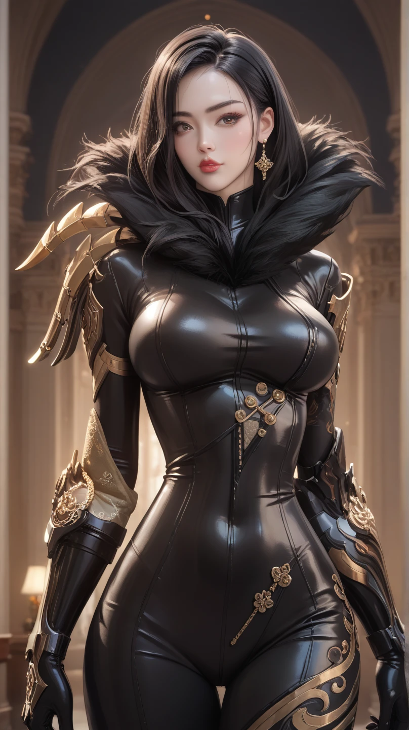 Alone,(Best quality at best, 4K, 8K, A high resolution, tmasterpiece:1.2), ultra - detailed,(actual, realistically, realistically:1.37), HighDynamicRange, hyper HD, Woman in black and gold outfit, ornate cyberpunk robes, in detailed steampunk dress, gold plated black, Imperial royal elegant clothing, Steampunk clothes, Wearing a black noble suit, xix century military outfit, Armored dieselpunk wardrobe, fashionable attire, very detailed and rich clothing, wearing a noblewoman's outfit, Black armor, black and golden armor