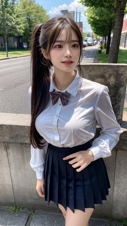 best quality, natural lighting, masterpiece, 1 girl, perfect beautiful face, (photo photo:1.3), edge lighting, photography lighting, (high detail skin:1.2), 8k ultra hd, DSLR, high quality, high resolution, white skin, detailed textured skin, 3/4 body in frame, sexy posing, cute smile face, perfect propotion face, symetric face, eye level shot, 4k, 8k, bokeh, absurd, best ratio four fingers and one thumb, (realistic:1.3), beautiful detailed girl, cute 1girl, dark-brown hair, long hair, ponytail, bangs, volume hairs, collosal-breast, full looking breast, projecting breast, slim waist, slender, small thighs, perfectly proportion, school rooftop background, detailed background, school rooftop, chain-link fence, fence, building, school, bench, white shirt, plaid bow tie, plaid skirt, thighs in frame, standing, hands behind back, short sleeves, projecting breast