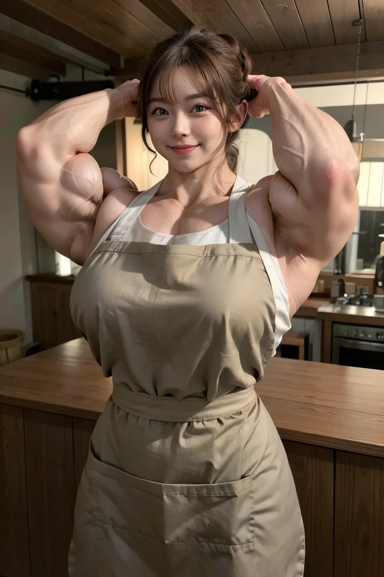 ((((Massive beautiful, buff, bulky, light brown skinned muscular, female chef with black hair, ginormous bulky muscles, cooking and wearing black turtleneck sweater with a long apron and denim pants)))), close view, vascular, massive muscle, massive biceps, hyper muscle shoulders, vascular shoulders, hyper muscle triceps, (long straight hair), orange eyes, (denim pants), (high heel boots), sensual smile, (a long apron), (in a restaurant), at evening, Vascular arms, hyper vascular arm, hyper muscles arms, hyper muscle legs, massive buff arms
