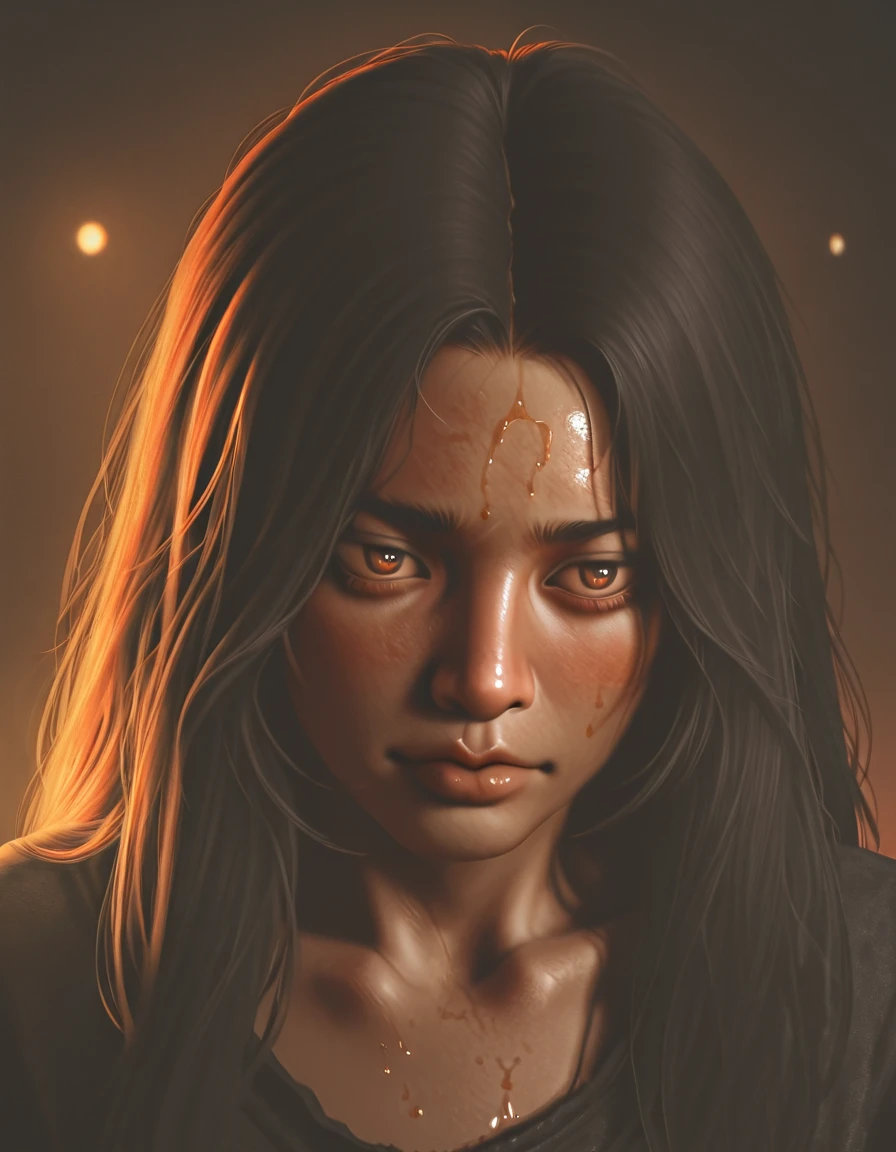 Aarav woman with black background and dark background, The detailed face of an Asian girl, Asian face, Amazing portrait of uuen, dirt on face, Realistic facial mood lighting, Stunning images of anonymous people, rotting skin,, Black scars on her face, Stunning light on the face, Real human face with skin, The face has scars.