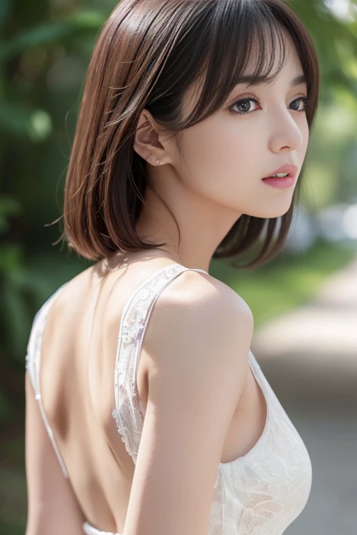 (Tabletop, highest quality, 8k, Official Art, RAW Photos, View Viewer:1.3), Absurd, Violet, Gardenias, Strapless Dress & choker, beautiful girl, Pretty face, Earrings, Black Hair, Film Grain, chromatic aberration, Sharp focus, Face Light, Dynamic Lighting, Cinema Lighting, 超Realistic, High resolution, Highly detailed eyes and face, Sharp pupils, Realistic, (Inside the palace),24-years-old、bob cut、seductive smile、turn around、Back view、the back is wide open