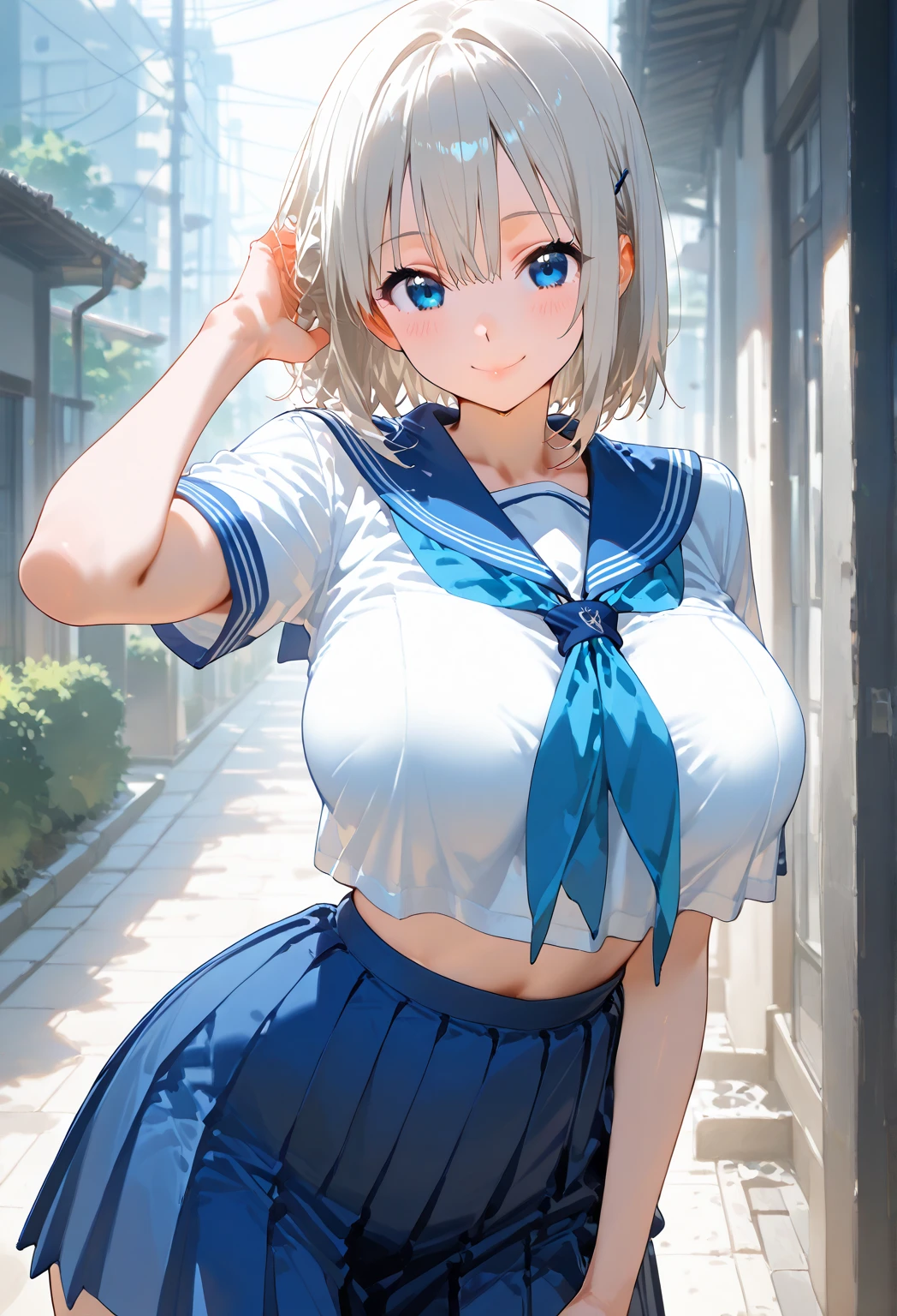 soft lighting, atmospheric, 1girl, solo,charming smile,lime green eyes,red cheeks,wide hips,thick thighs,legwear,thigh highs,puffy nipple,erect gigatic breasts:1.5), bent bunny ears,black bunny ears, (subsurface scattering)+, short hair,(((white sailor))),((very long red sailor tie)), (((pleated navy very short micro mini skirt))),(((see-through white mini panties)))low reg panties, messy hair, (white short sleeve),black high heels,under boob,squat,low reg skirt