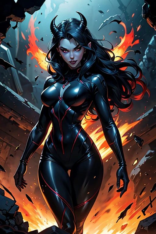 Red skin succubus tiefling, medium breasts, black horns, wings, huge tail, black leather, tall, toned, graceful, thin, long black ponytail. Action scene, shotgun.