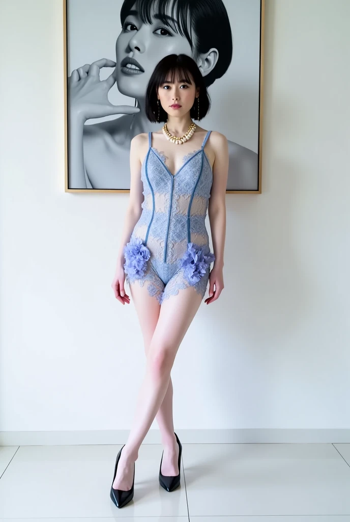 (Lori,15yo student, teens), (lacy fabric,Light light blue one-piece swimsuit), Very small breasts,(short-hair),Stand in the ring of professional wrestling,extremely detailed face and skin, Detailed eyes, Double eyelids, Grinning smile,put hands on the hip,knee high socks,Ring Boots,Lace gloves