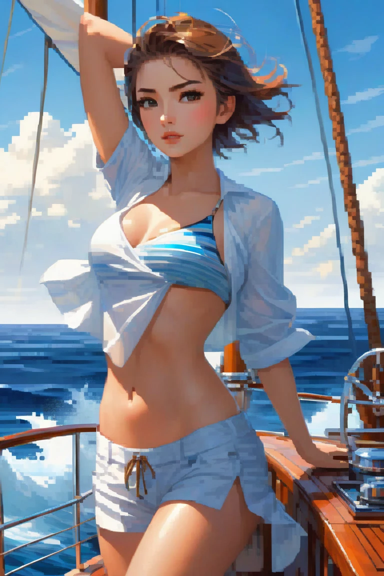 Full body image, face and hairstyle looks just like Minami Hamabe, beach, swimsuit, slim body, big breasts, huge breasts, beautiful breasts, beautiful legs, long legs, high heels, small buttocks, gravure idol, campaign girl, smile, natural pose, Clear blue sea, white sandy beach, sexy swimwear, hair blowing in the wind, bright smile, charm, confidence, bold and exciting, extreme string bikini, triangular bikini too small, stringy micro bikini, T-front pants, V front pants, digging in, sticking out, see-through swimsuit, short hair, black hair, topless
