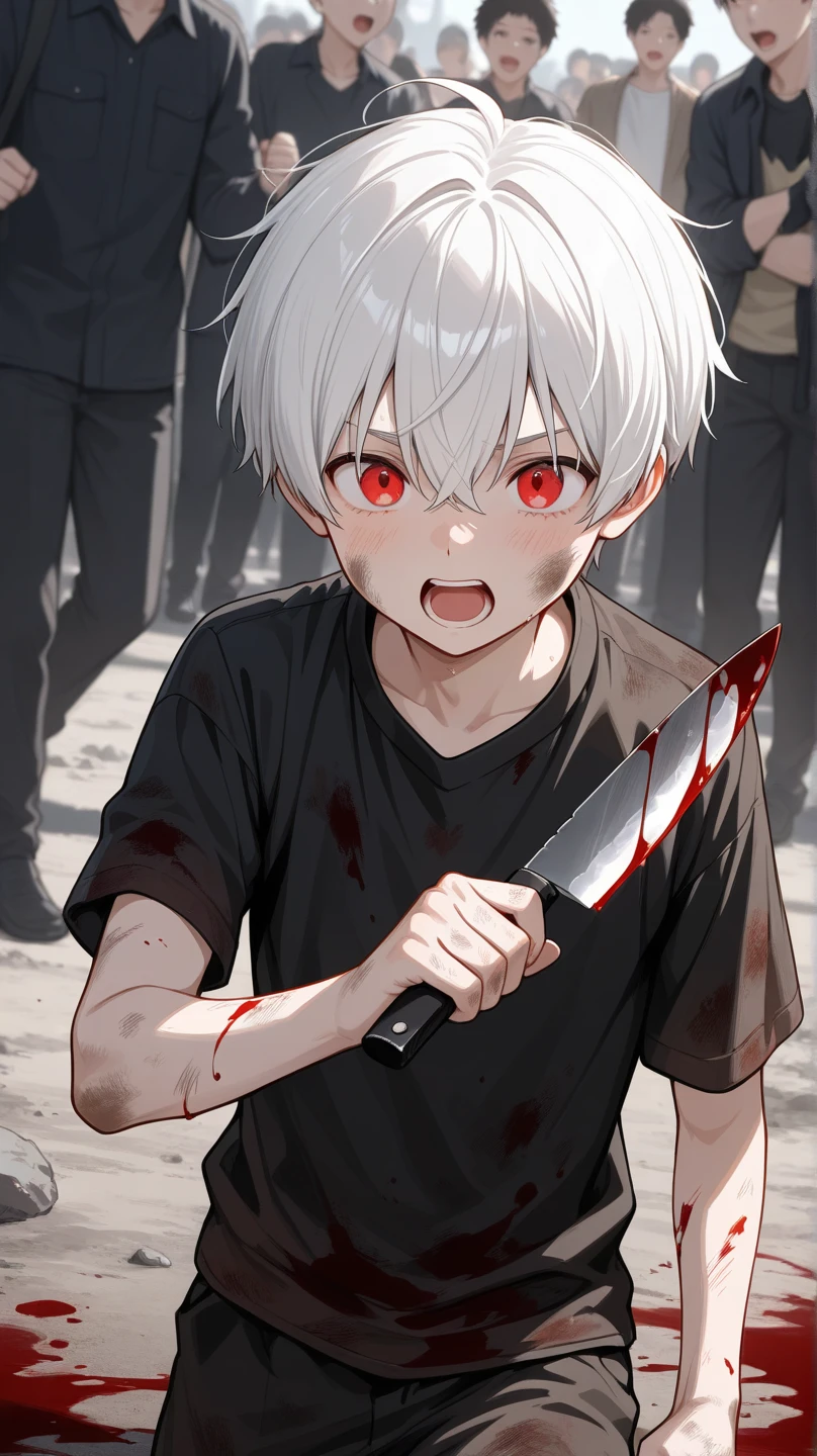 1male people、twinks、Mash、Blood everywhere、blood splashing、Guess Face、laugh、Murderous ghosts、Holding a knife、dark hue、Red hue、