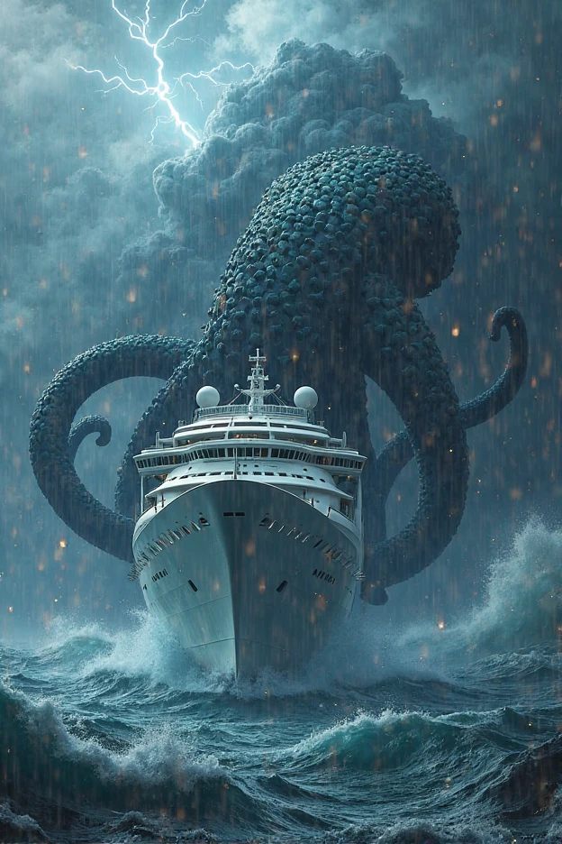 A massive kraken emerges from stormy, lightning-lit waves, its enormous tentacles wrapping around a giant cruise ship, as thunder crashes and rain pours down.


