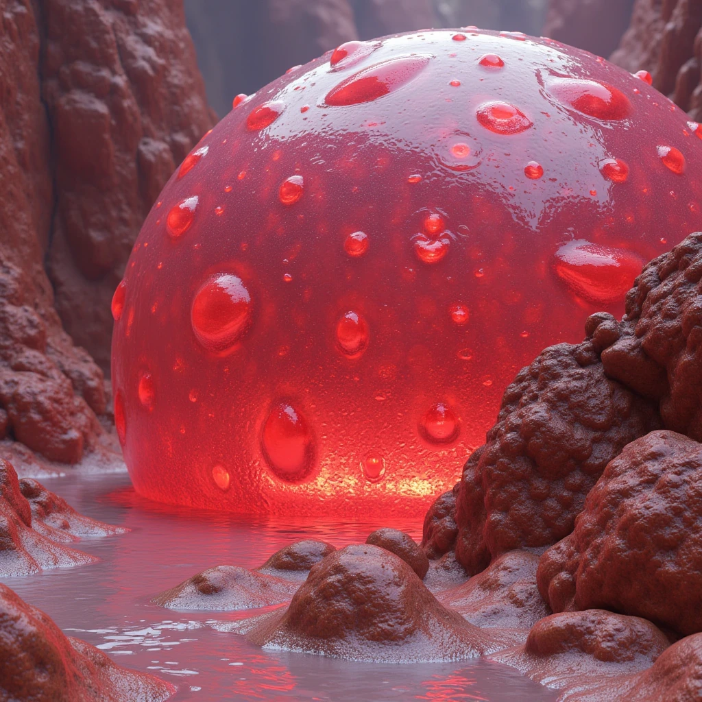 A cute round red and orange slime ball made out of lava, covered by volcanic rocks, bright yellow eyes, inside volcano background