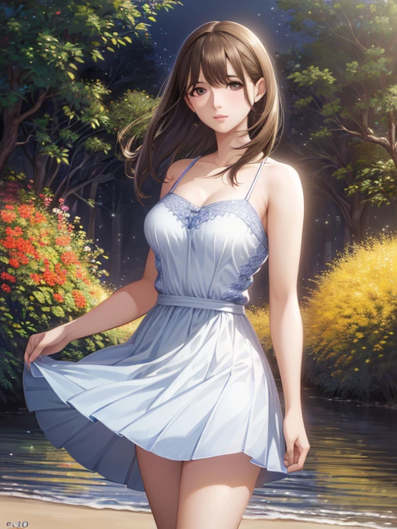 (masterpiece, high resolution, gentle and beautiful:1.2), stunning young woman, (big round full breasts), (graceful and leisurely walk:1.1), (transparent dress:1.2), surrounded by the tranquil atmosphere of lavender fields, ( gentle morning light:1.2) , (gentle sunlight radiates warm light:1.1), (fragrant lavender flowers:1.2), (whisper of wind across the fields:1.1), (fine mist adds a subtle touch:1.2), (peaceful calm in air:1.1) , (lush greenery frames the view: 1.2), a moment of serene beauty, a calming color palette, an inviting composition.