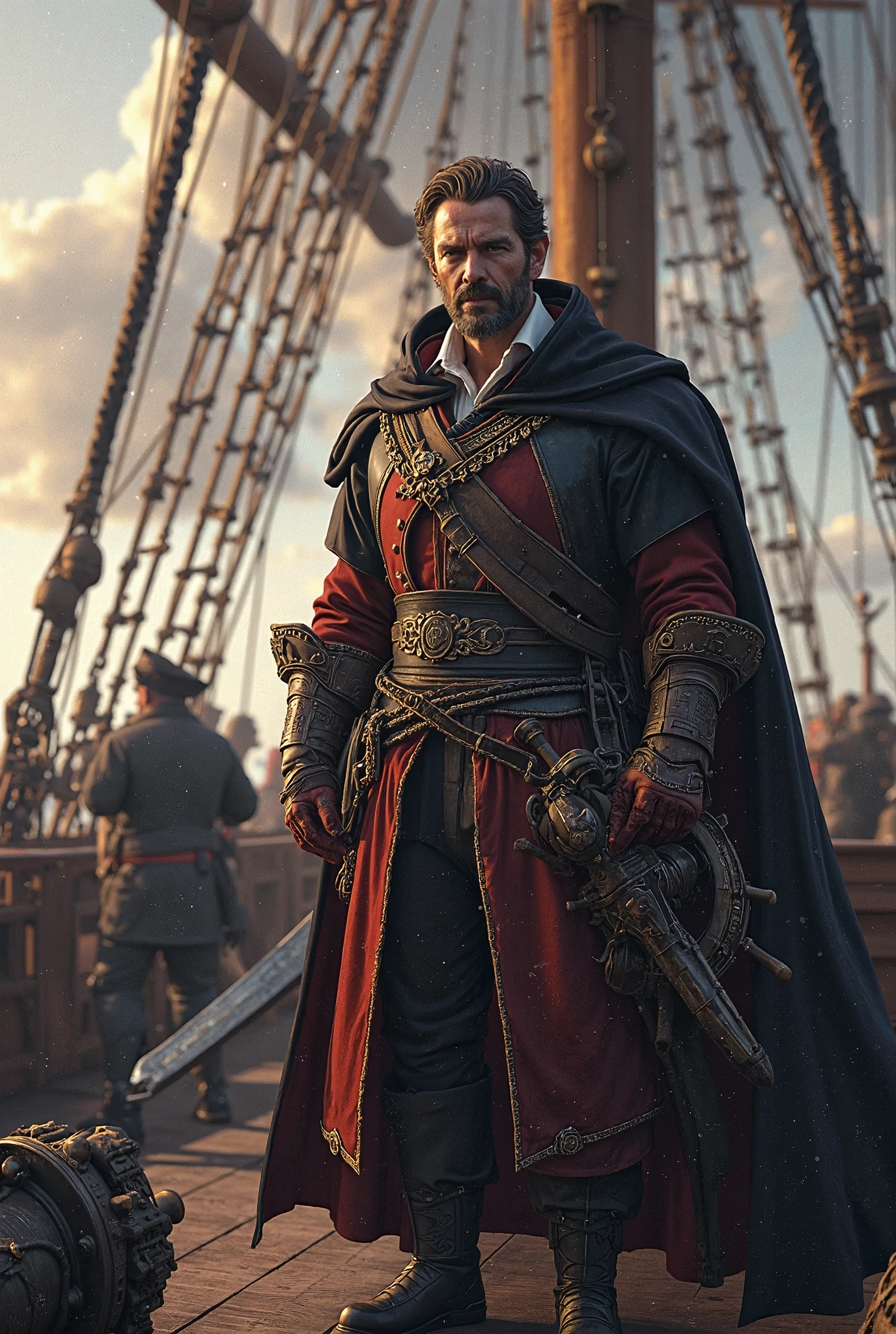 ((( Almirante ao Rim the ship  de Grande Navio Inglês da época grande explorações e descobertas a frente de seu navio liderando segurando e conduzindo seu navio segurando o "Rim the ship" with one of your hands)) ,(( costume of the time original texture quality HD ,reference great ships and admirals of that time)) ((Admiral of the Great Ship of the time great explorations and discoveries 1 {x} On the Leme holding with one hand the other wielding one Ambient sword aboard the ship Strings , Master of the ship , movement of sailors , Great English Navy Warship  , starboard elements and on board Cannons ,respectively on the bow on both sides , Ship built with reinforced wood color matte black with red, sails collected from the ship 1.3, design referring to large vessels at the time))) 