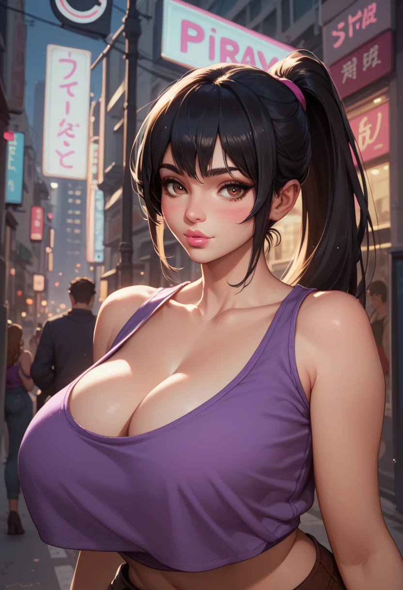 (8k, best quality, masterpiece:1.2), (realistic, photo-realistic:1.37), ultra-detailed, 1 girl,cute, solo, (tifa lockhart), (huge breasts:1.5),(beautiful detailed eyes), (smile:1.2), (closed mouth), erotic pose, dancing, neon lights, cityscape, depth of field, dark intense shadows, sharp focus, cars, motion blur, motor bikes, depth of field, good composition, green glowing light, Final Fantasy VII, (purple dress:1.3), (black choker with bow) full body, head rest, lips, pretty face, low-tied long hair, ((red_eyes)), (night:1.3), intricate, bokeh, cinematic lighting, photon mapping, radiosity, physically-based rendering, (Tetsuya Nomura style), nsfw, perfect breasts
