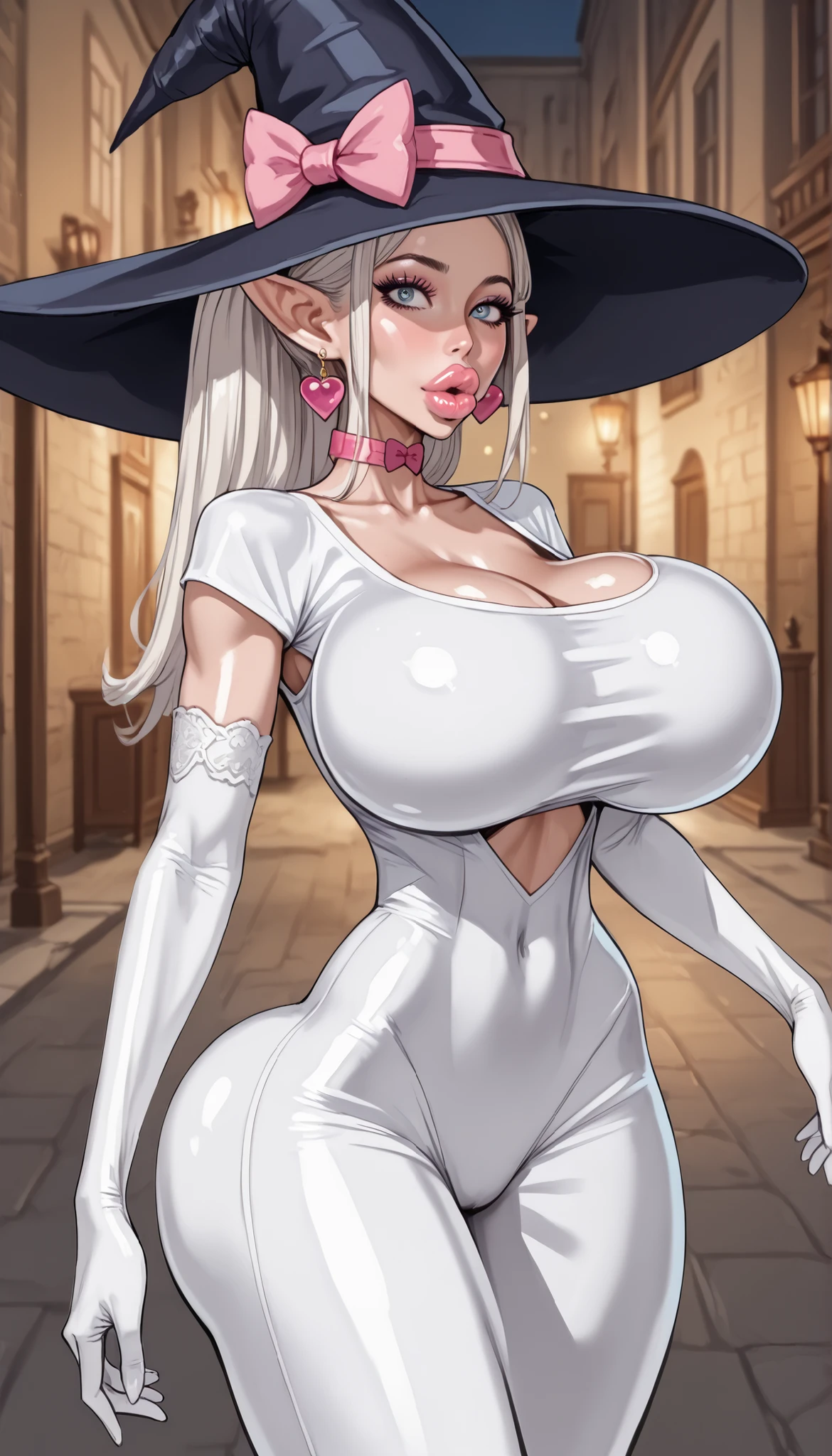 mature female, mom, milf, 40 year old woman, ghost, transparent, (((white skin:1.3))), ((bimbo))), very long black hair, (hair over eyes), (straight hair), ((thick lips)), ((puffy lips)), puckered lips, smile, parted lips, red lips, hourglass figure, tall, ((wide hips)), (((huge thighs))), huge ass, ((gigantic breasts)), deep cleavage, navel, (slim waist), tall, oily breasts, nightgown, see-through, thighhighs, arm gloves, (big hoop earrings), bracelets, choker , indoors, haunted house, hallway, window, night, sexy pose, hip and thigh focus, oily breasts, realistic lighting, head tilt, [long black nails], ((spider webs:1.2)), ((fog:1.3)),giga_busty,