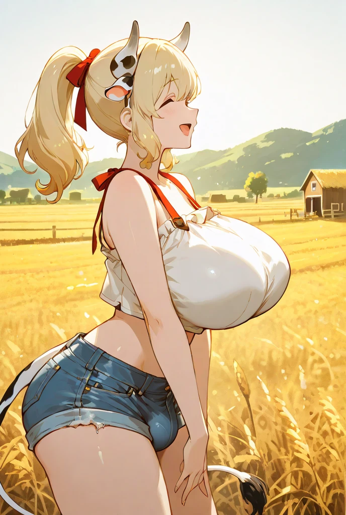 Erotic Anime Illustration、Highest image quality、A plump woman working in a wheat field、perfect proportions、Catch light in the eyes、overalls、Overwhelmingly big breasts beyond the norm、thick legs、cowboy shot、Cheerful smile、big areola、sweating