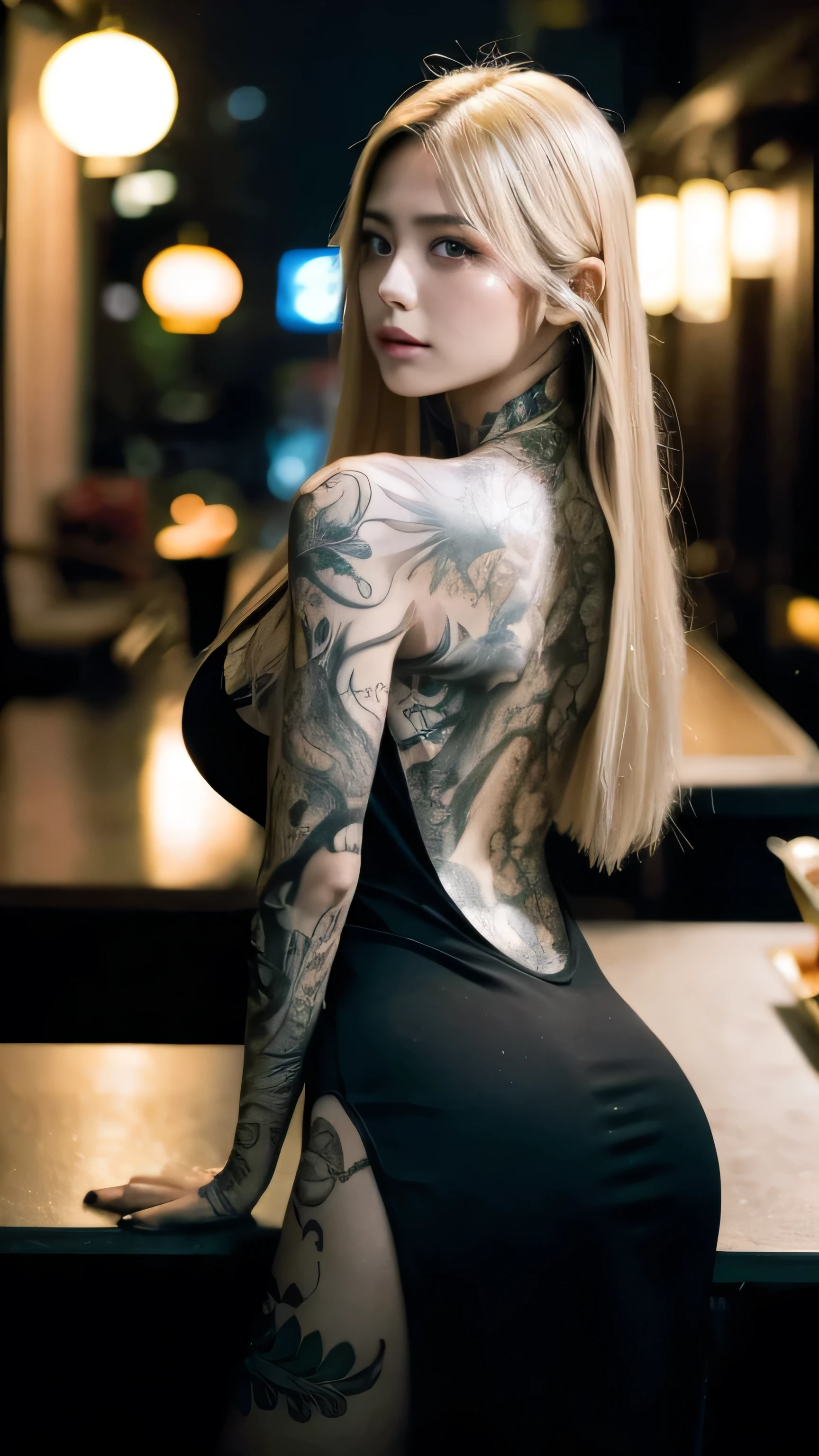 1girl,solo,long blond hair, back tattoo, Rough skin,from back,face focus,(looking at viewer:1.2),wet hair,dark,polaroid,(depth_of_field:1.5), expensive bar,hair between eyes,moody lighting,Tyndall effect,Cinematic Lighting,night,lamppost,lens flare,available light,rim light,curvy,Black skintight maxi dress, Japanese girl,
