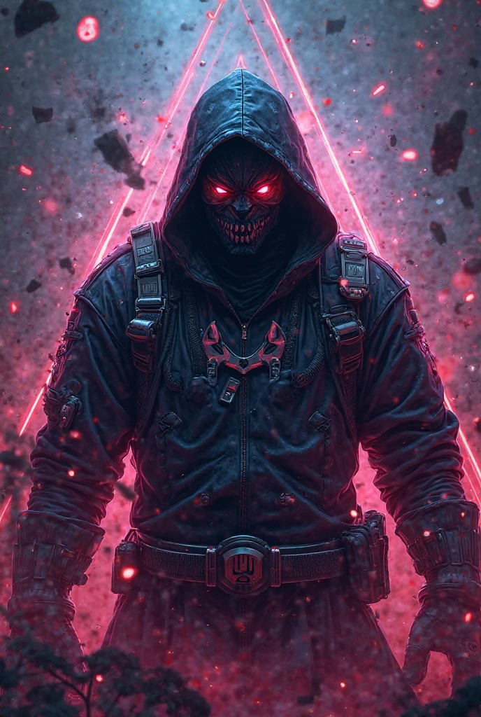 Cyberpunk punk skull in a background filled with darkness, neon red eyes highlighting its color above the others as if it were glowing brightly. Dark image background