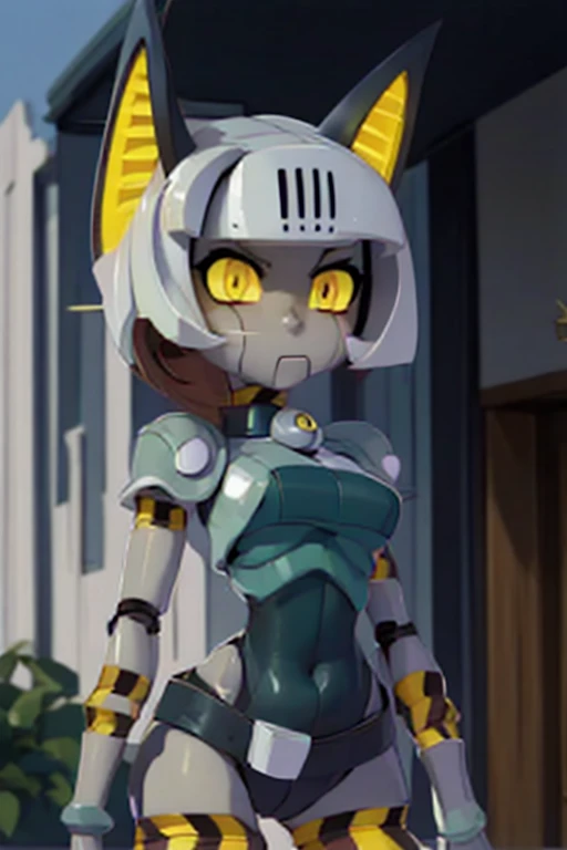 RoboFortune,crop top,yellow slit pupils,cat tail,robot animal ears,navel,standing,upper body,serious,underboob,(insanely detailed, beautiful detailed face, masterpiece, best quality),<lora:RoboFortune-10v7:0.7>,outside,building,