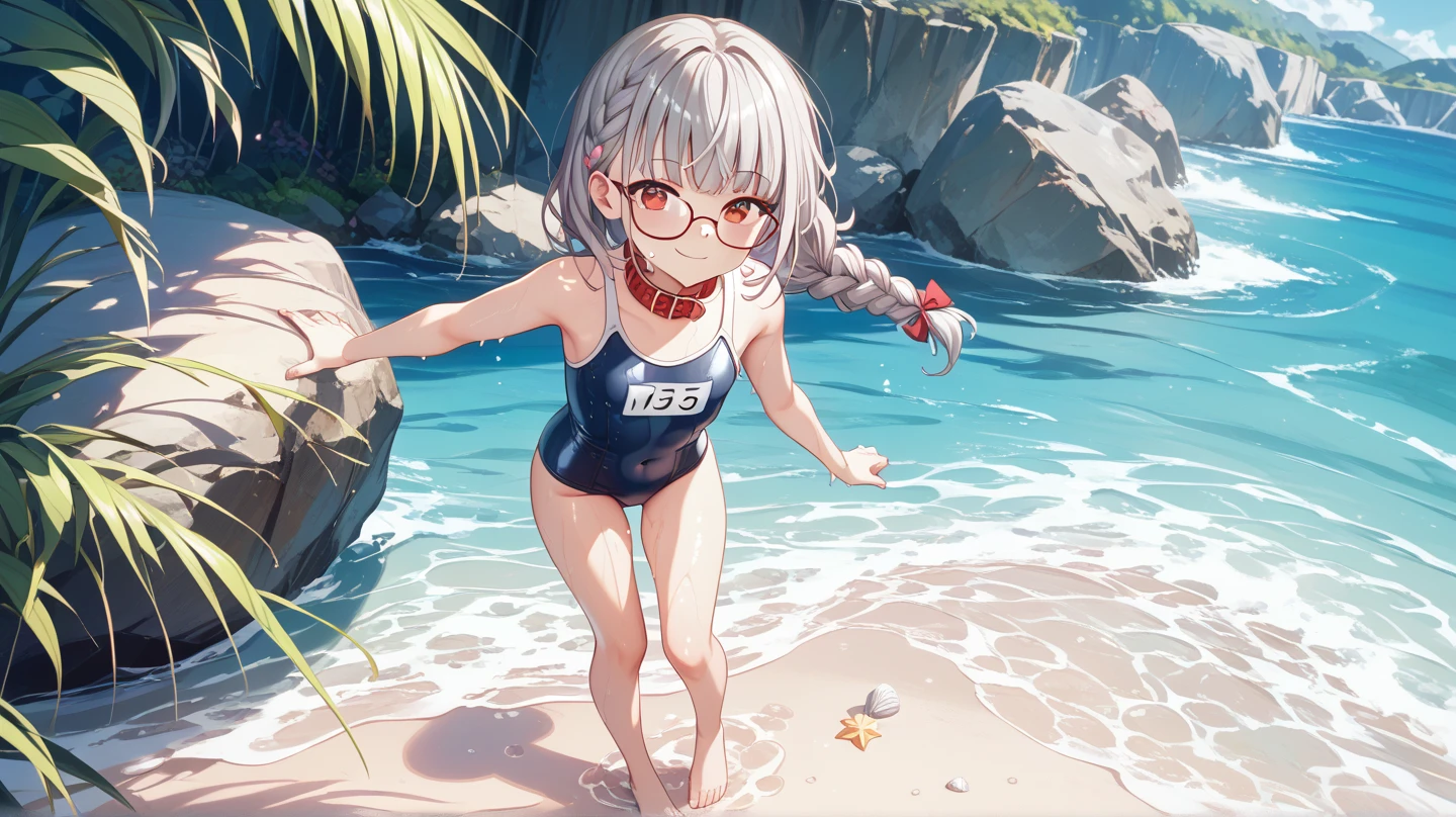1 girl, young girl, , V-shaped swimsuit, swimsuit with tiny amount of fabric, obscene swimsuit, obscene design, revealing a lot of skin, exposing navel, V-front micro plunge swimsuit, (Black V-front micro plunge swimsuit)