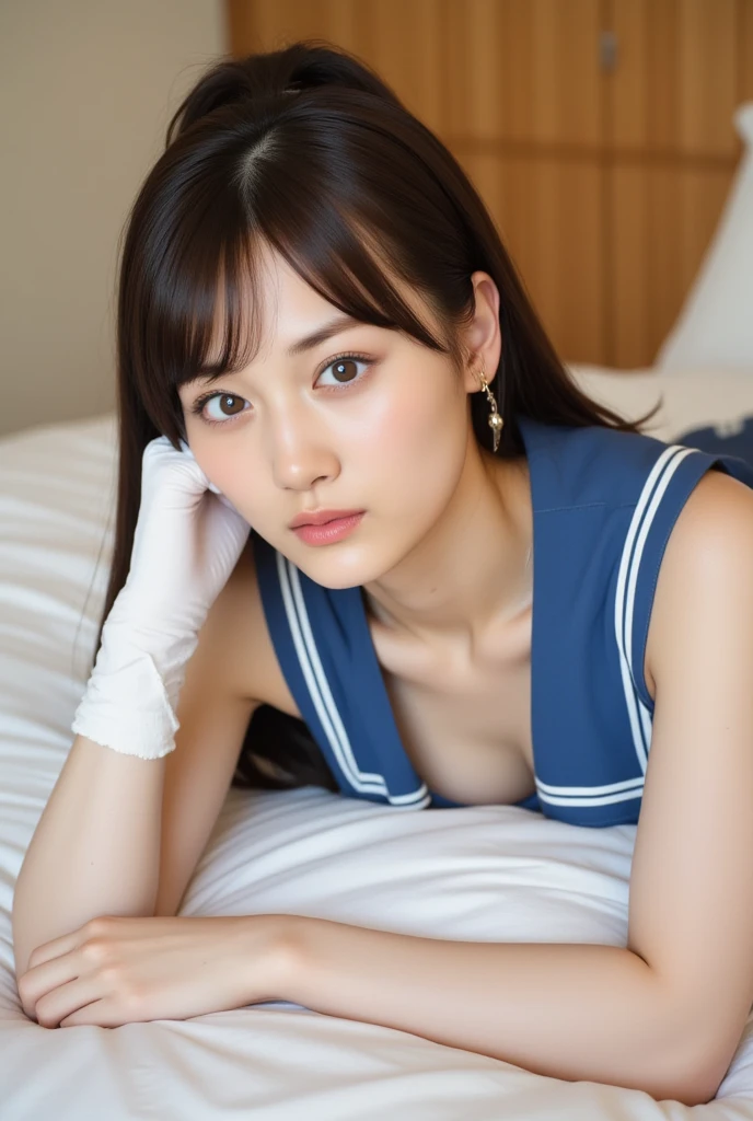 (professional portrait、professional writing)、highest quality, (anatomically correct arm:1.3), Detailed workmanship、high resolution、(8K, High resolution:1.2)、(RAW photo, photorealistic:1.3)、masterpiece、slender body shape、high definition face、Face is in focus、high definition eyes、(Focused, symmetrical pupils:1.2)、High-definition and beautiful skin、firm skin、natural makeup、gross lip, High-definition hair texture、 Japanese high school girl、17 years old、(sailor suit:1.3), (lying down on one’s back:1.3), (hugging own chest by arms:1.3), very cute, (very embarrassed:1.2), (blush:1.1), (afraid:1.3), (Glaring at the camera:1.3)、(shot from above), nsfw, open mouth:1.2、beautiful thighs
