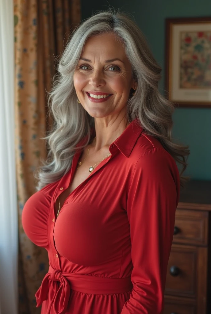 Realistic portrait of mature woman, 60 years old, casual grey hair, Photorealistic, (wearing elegant patterned red Pajamas) , deep cleavage, full body, highly detailed, 8k, beautiful ,perfect face, grayblondehair, curvy body, masterpiece and beautiful face, detailed eyes, 4k, 8K, high detailed, high-res and elegant, outdoor, She smile with Extraordinary Pleasure expression. Shoot this image in high resolution with a 35mm lens to get a good perspective. Living room with big windows and TV.