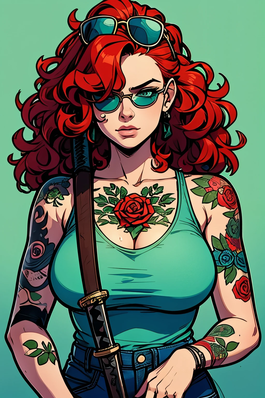 Redheaded girl with curly hair and rose tattoos on her shoulders and forearms, wearing blue top and jeans, sunglasses, carrying a katana. She has one eye of each color : Green the right, blue the left. bruxa/Celtic clothing style, no Brasil. The scene should be in Cinematic's distinct real-life style, focusing on the expressions of the characters, Cores, Natural textures and detailed animation features.