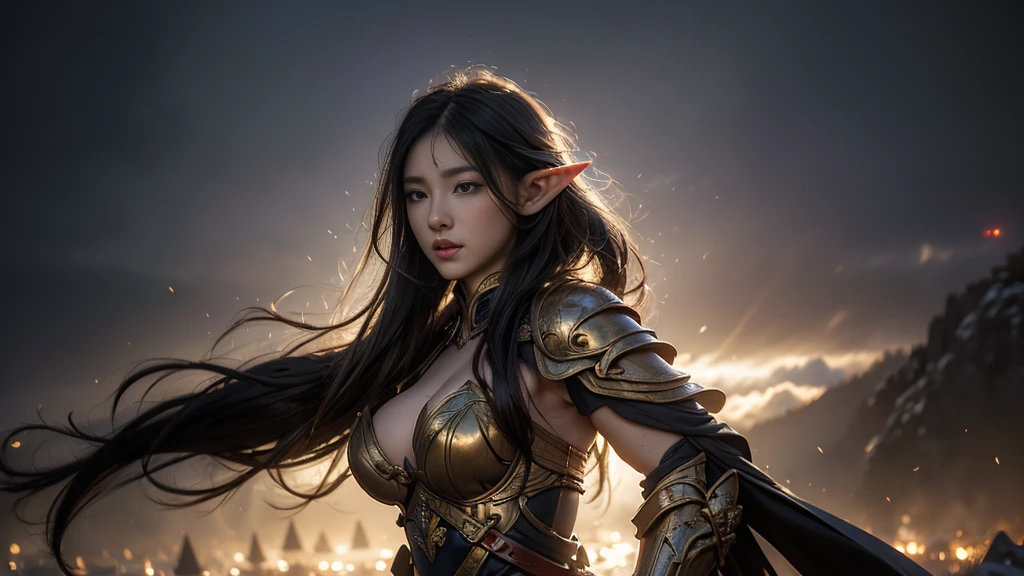 gorgeous ((elvish maiden)) in an intricate leather vest and colorful silk, cute, ((elf ears)) whimsical ((long wavy hair)) intricate ((in the desert)) vehemently detailed, fantasy HDR (pure face) dusk, perfect features, charming, legendary colors, ((DND)) masterpiece (photorealism, high quality, detail, masterpiece, best quality:1.2), pleated (red) (puffy) skirt ((full knee length skirt)), black boots, Digital art A castle standing on the edge of a cliff above the forest, fierce, howls to moon, powerful, rage, divine, magnificent, perfect body, fantastic view, storm, high waterfall, night, starry sky, masterpiece, best quality, smooth horizon, concept art, surrealism, 32k resolution, trending on artstation, sharp focus, studio photo, intricate details, highly detailed, by greg rutkowski