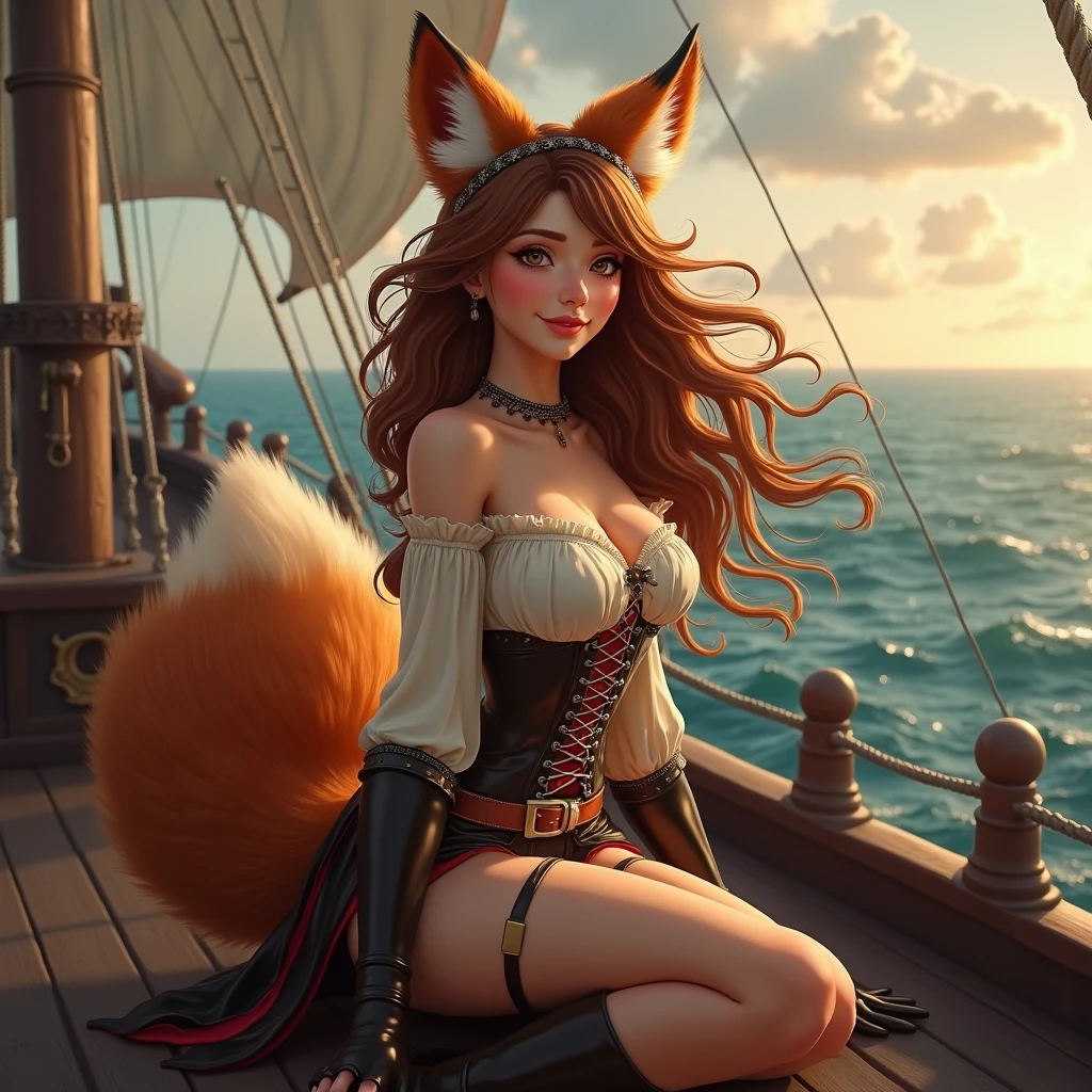 A tall girl with brown skin and orange hair in a long braid, she wears a black necklace with a pearl in the center, She has fox ears and is a pirate  