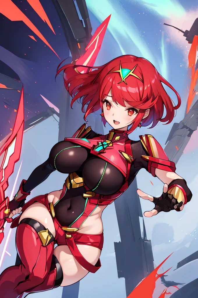pyra \(xenoblade\), _1girl, , bangs, black gloves, breasts, red eyes, shout, earrings, eyelashes, fingerless gloves, floating hair, , gem, gloves, hair ornament, headpiece, jewelry, big_breasts, leaning back, swimsuit, neon trim, official art, pose, red hair, saitou masatsugu, short_ponytail, sidelocks, skin tight, solo, swept bangs, thighhighs, tiara, fantasy_town_background, underbust, xenoblade chronicles \(series\), (xenoblade chronicles 2), (spread_legs:1.1), fire_effect,dynamic_posing,light_smile, big_ass,huge_sword, hold_large_sword_hilt, covered_nipples, covered_pussy, fists,beautiful_fingers,(solo:1.1), bare_shoulder,(shoulder_naked:1.2), (very_short_shorts:1.3),(lise_leg:1.4)