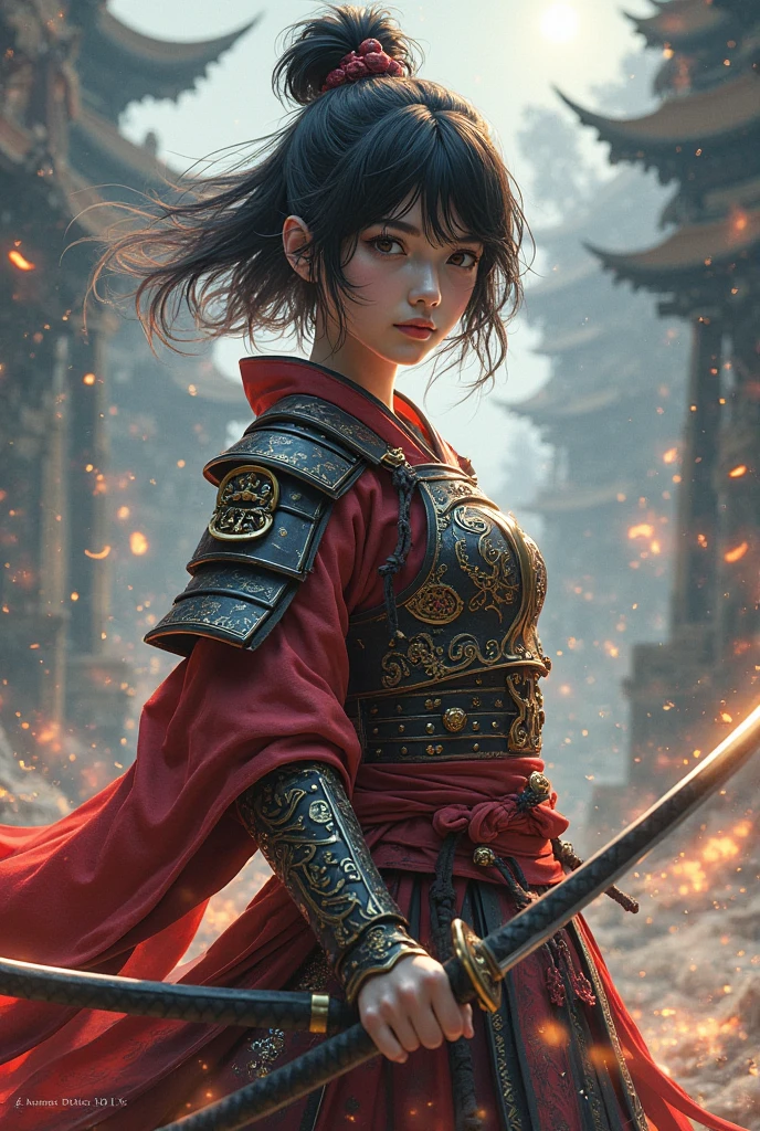 extremely detailed CG unity 32K wallpaper, top quality, masterpiece, raw photo, photorealistic, highest resolution, professional photo, dynamic, cinematic lighting, (Japan in 16th century, science fiction:1.4), (steampunk:1.1), sharp focus, depth of field, (perfect body, correct anatomy:1.5), intricately detailed face, expressive face, POV, (from front:1.3), 1 girl, ((18 years old:1.2)), Japanese woman, ((female warrior:1.3)), solo, cowboy shot, black hair, ponytail, ultra-realistic skin, detailed skin, (narrow and brown eyes:1.3), hyper-realistic eyes, highly detailed nose and lips, (tall nose:1.5), (oval and slim outline of the face:1.4), expressionless, ((samurai armor:1.5)), skinny, medium breast, (correct body proportion, perfect body proportion:1.5), (((holding a flame thrower:1.5))), ((firing the flame thrower against enemy position:1.4)), (((during a battle, outdoor, enemy castle, noon:1.3)))