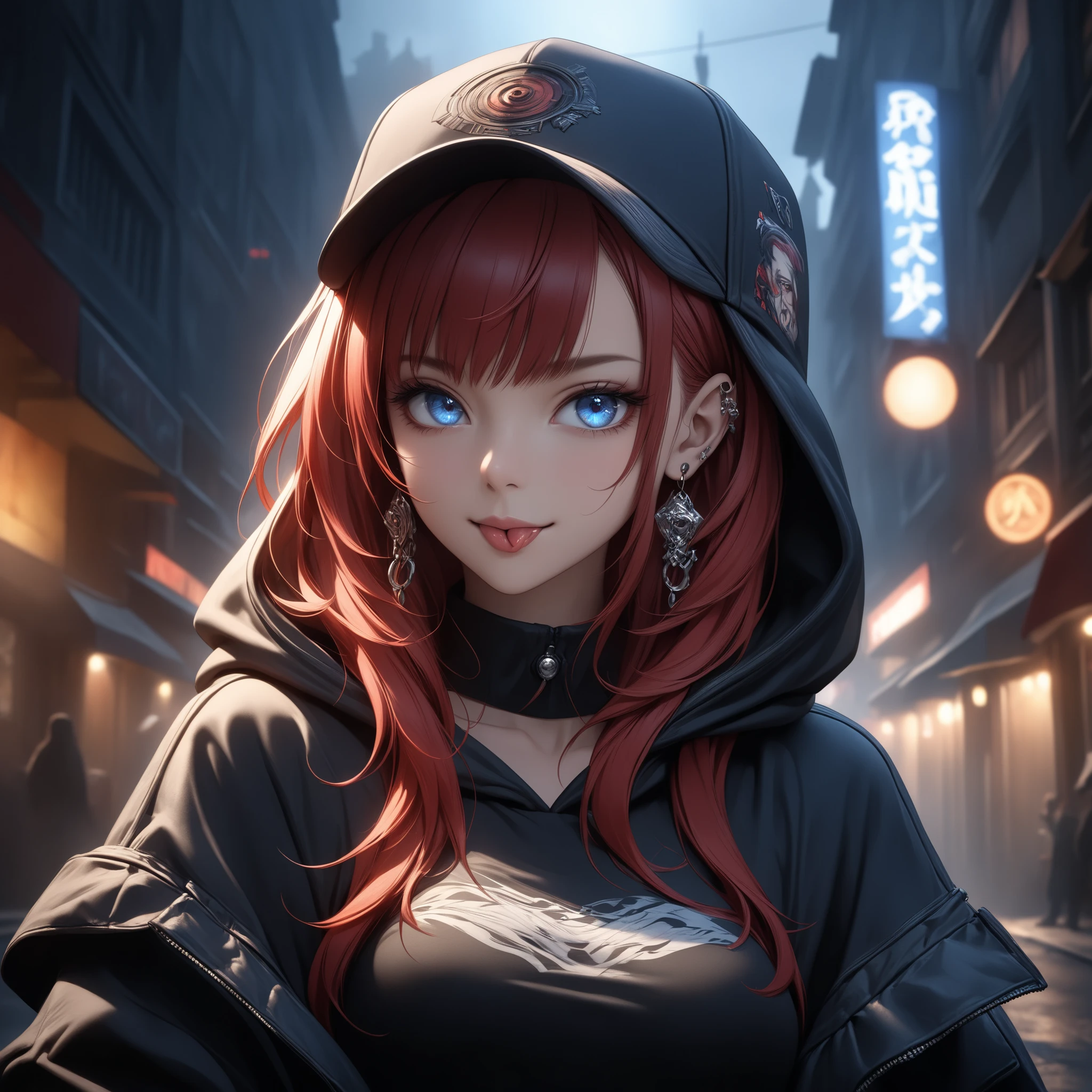 ((extreme quality)), ((Masterpiece)), ((Enrich the picture,Masterpiece level quality)), red hair, Mid-length Layers hair, medium breasts, blue eyes, fierce woman, ultra eyes details, RAW 4K, Realistically , ((great effect to highlight the subject)) , ( cinematic lighting, moody, textile shading), perfect proportions, ultra detailed, ultra background detailed, volumetric lighting, soft lighting, glossy skin, beautiful face, Special face details, strong emotions, elegant gesture, Detailed facial features, Long eyelashes, contrast, Incredible atmosphere, Fascinating setting, Haunting beauty , ear rings, hip hop style, hip hop girl, cap, radio, street, hood, gloves, charming smile, Stick out your tongue,
