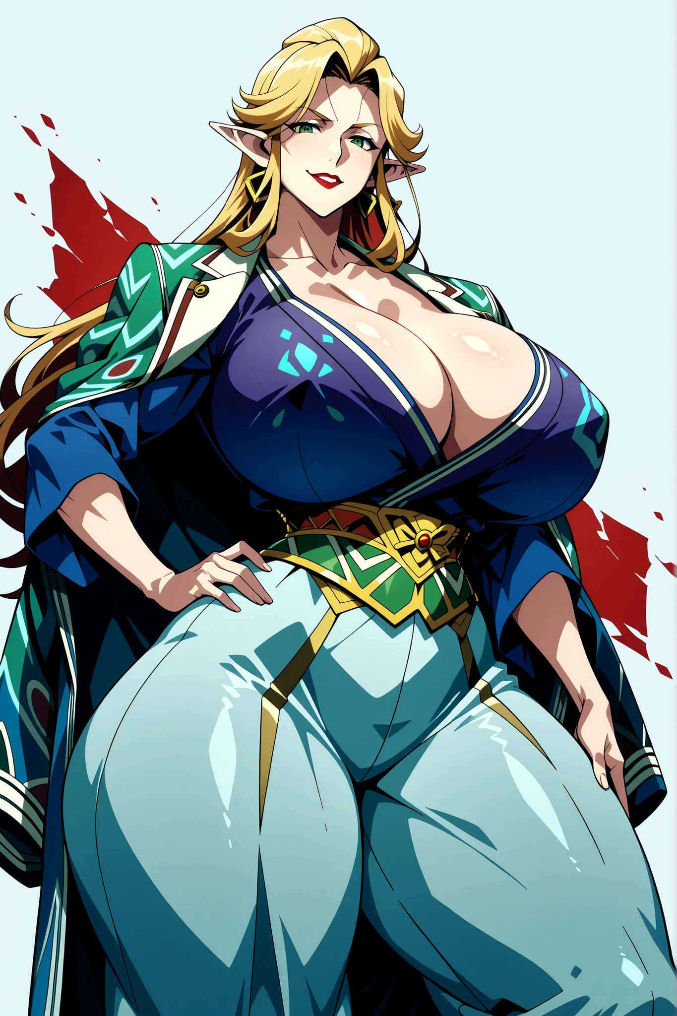 Elfa madura , elf ears, mature woman, blond hair, long hair, (green eyes: 1.5), (pretty eyes), evil expression, red lipstick background, malevolent smile, giant breasts e pesos, seios flácidos de mature woman, big breasts, huge breasts, (Gerudo: 1.5), (kimono under the shoulders: 1.3), (Gerudo pants: 1.4), ultrabody, huge breasts, (giant breasts: 1,5), ( saggy and soft breasts ), curvy body, thin waist, Slim hips, (thick thighs), (pose confidently: 1.3), (hand on hip: 1.4), (Better Quality: 1,5), (Tall details: 1,5), (anime art style: 1,5), score_9, score_8_acima, score_7_acima, score_6_acima , score_5_acima , score_4_acima.