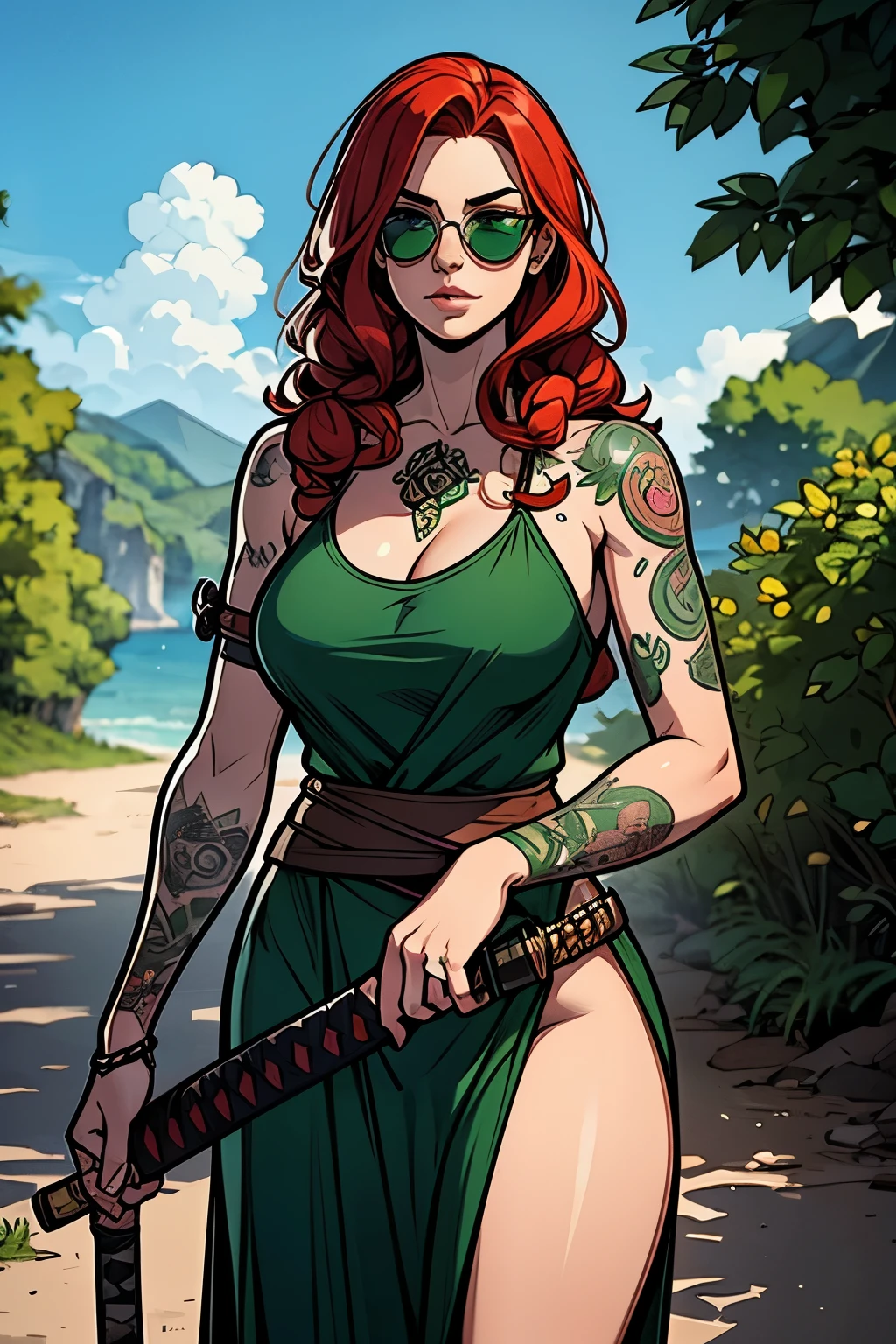 Redheaded girl with curly hair and rose tattoos on her shoulders and forearms, totally naked, sunglasses, carrying a katana. She has one eye of each color : Green the right, blue the left. bruxa/Celtic clothing style, no Brasil. The scene should be in Cinematic's distinct real-life style, focusing on the expressions of the characters, Cores, Natural textures and detailed animation features.