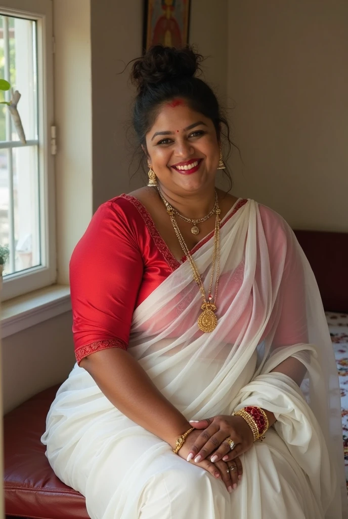 A radiant, full-figured South Indian 45 year old bride ( surrounded by a group of men)wearing a transparent cream colour silky saree standing in a living room, , captured in a full-body image with vibrant hues and meticulous details. Full body image