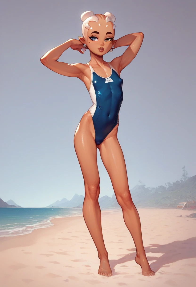 ???, girl, tight swimsuit, beach, cameltoe, Amazing quality, brat, tanned, grin on face, peace sign, Covered in cum