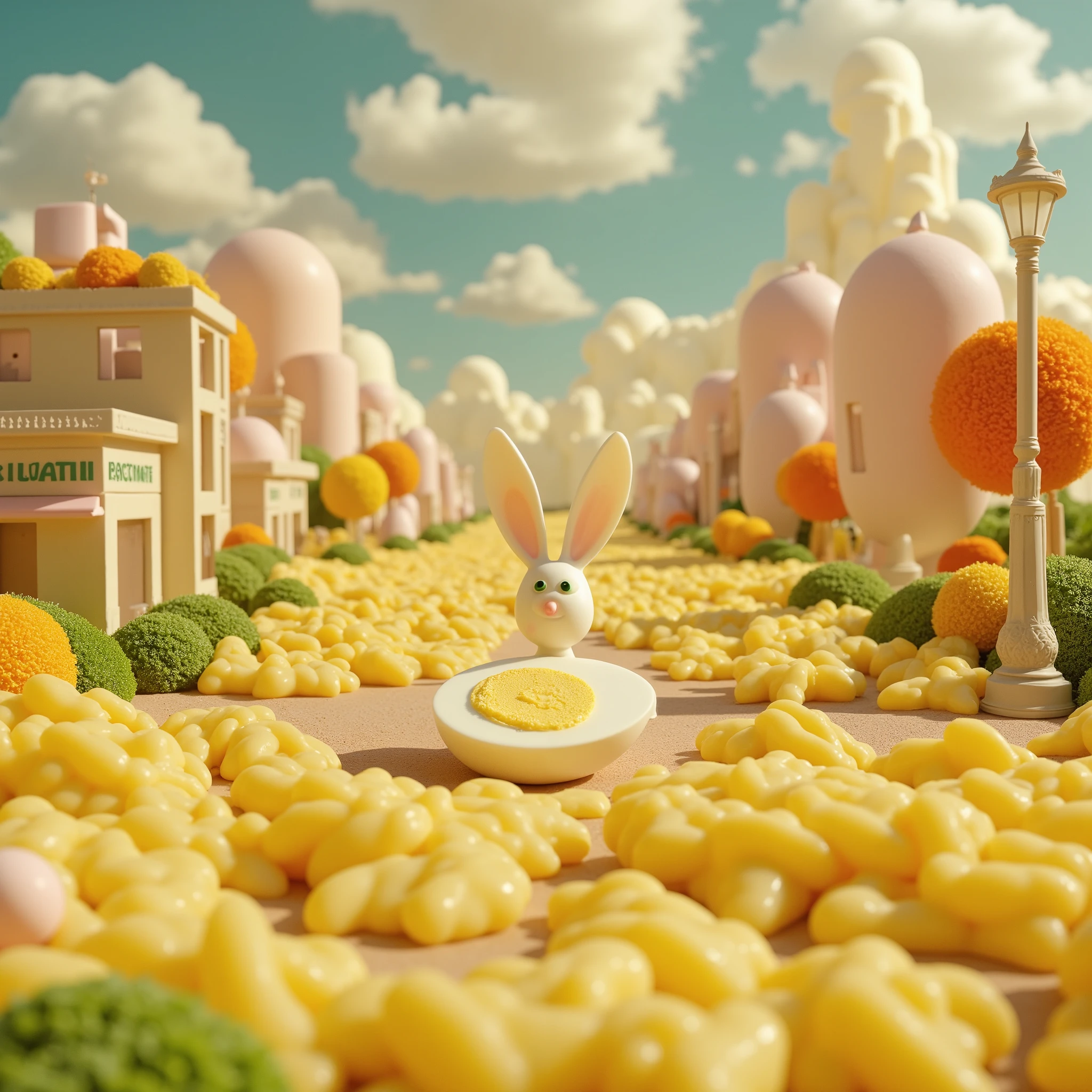 ultra detailed, absolutely resolution, masterpiece, Easter potato salad, streetscape made of hollowed-out ingredients, grassland made of potato salad, rabbit made of half a boiled egg, fairy tale fantasy, highly detailed, sharp focus and contrast, extremely clear image, 2.5D, artistic photography, hyper realistic, effects magic, shading effects magic, lighting effects magic