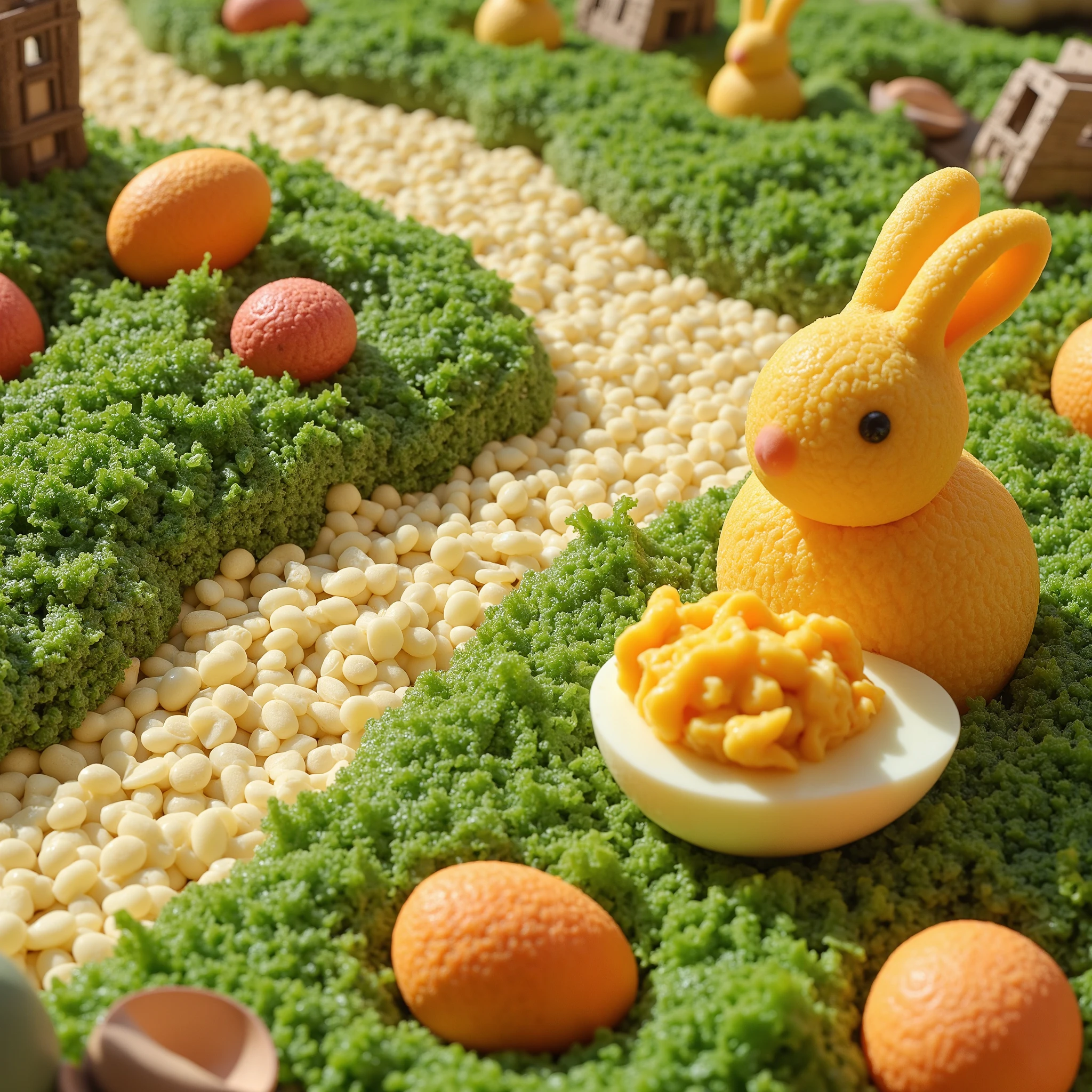 ultra detailed, absolutely resolution, masterpiece, Easter potato salad, streetscape made of hollowed-out ingredients, grassland made of potato salad, rabbit made of half a boiled egg, fairy tale fantasy, highly detailed, sharp focus and contrast, extremely clear image, 2.5D, artistic photography, hyper realistic, effects magic, shading effects magic, lighting effects magic