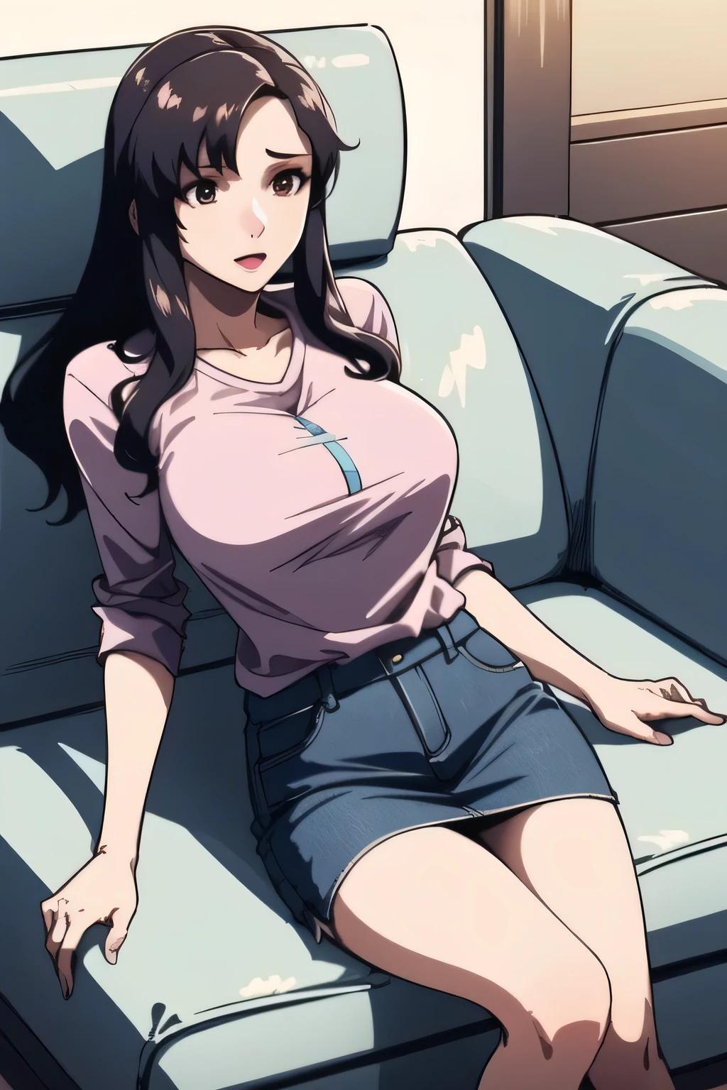 micro mini skirt,(Please paint my expression more delicately),(pink shirt),(navy blue jeans mini skirt)(blue panties),The work is a mix of 、horror-themed style 、 horror-themed styleを描いています の 、 horror-themed styleを描いています 、this alone is amazing, but、I'm surprised too, don't prepare your face for work {X},pink shirt, carrying a cross handle pouch , lying on the couch , I'm a woman close to 40 years old、I'm drawing, , Big Breasts, Slim waist from the video department , , ,a sexy woman close to 40 years old,