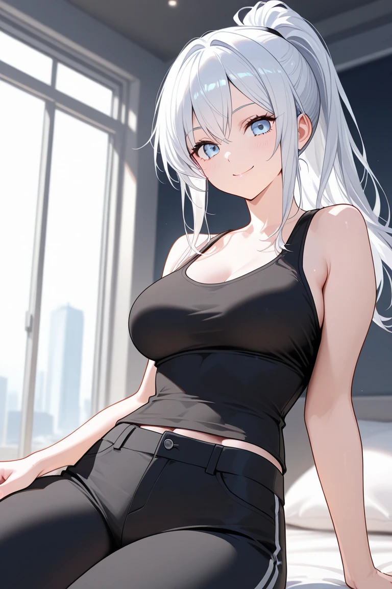(((masterpiece))), ShizukaMikazuki, One Girl, alone, View your audience, Long Hair, Gray Hair, Long sleeve, Cleavage, Huge big breasts,clavicle, Mature Body,Ken。Six-pack,Make your face a little smaller,Make your breasts bigger,tall,Blushing,Pie Ponytail,Blouson, Open clothes, open Blouson, blue Blouson,nude,Black sports bra,Black hot pants, Play sports often, Delicate fingers,Choker with charm,Earrings,Belly piercing,Laughing embarrassedly,blue eyes,natural Park,Sunset,Shooting from an angle,Sweat all over,Close your mouth
