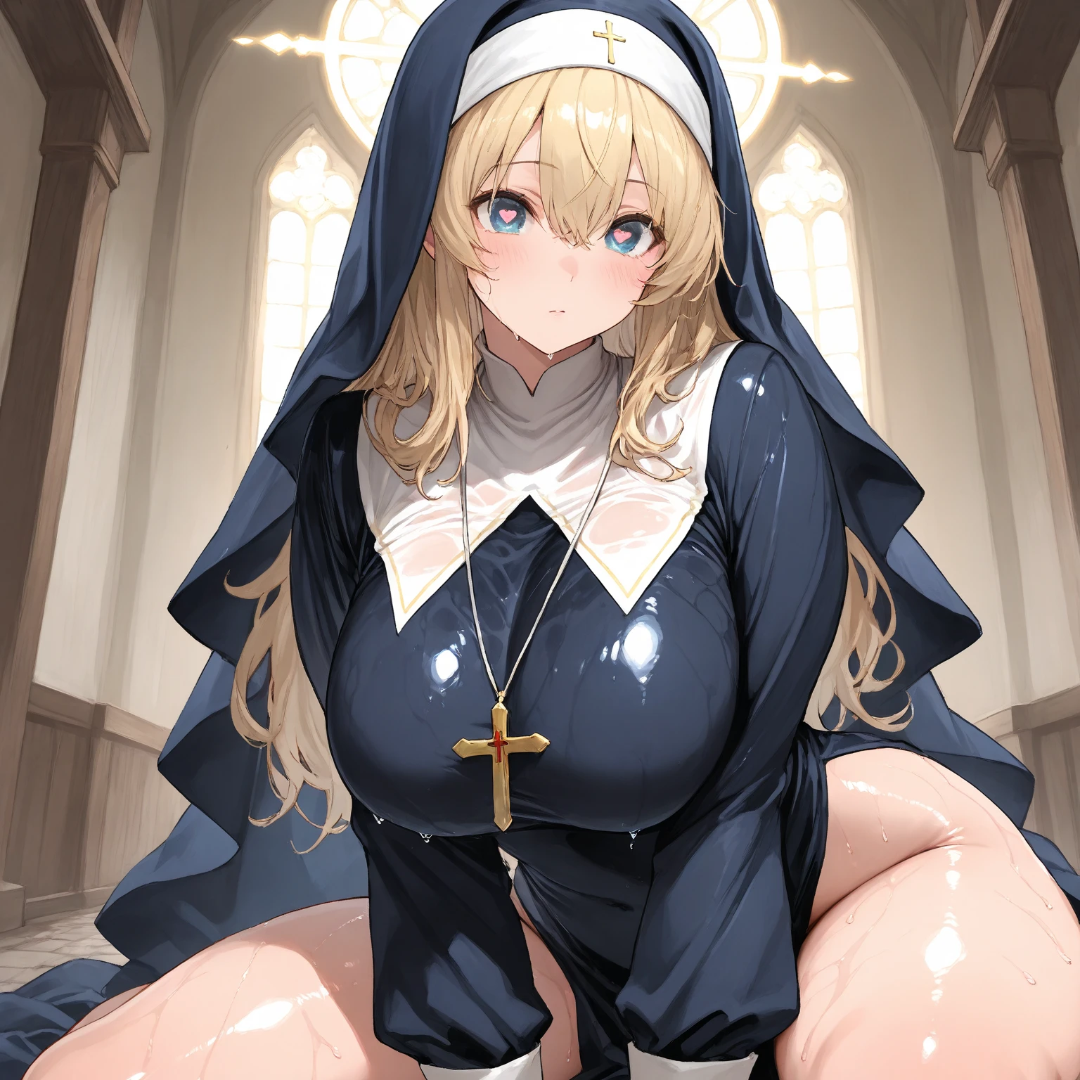 (Very detailed,Highest quality,4K,8K,16K,High resolution,masterpiece:1.5), (Perfect hands,Perfect Legs), (Realistic,photoRealistic,photo-Realistic:1.37),
One beautiful woman, Siggy, Nuns, Green Eyes,
Beautifully detailed sweat glands, Smooth skin texture, Carefully drawn,
Outstanding proportions, Lively expressions, (Big Breasts), (Big Ass), ((Sticky with sweat)), ((Spread your legs and do a squat)), In a sexy pose,
((Inside the church)), (((The church has many believers))), Cowboy Shot,