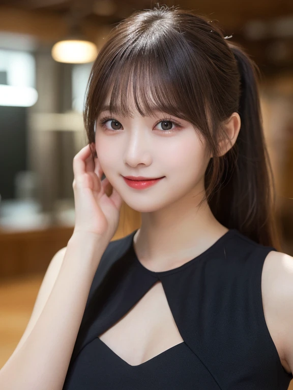 No sleeve, ponytail, Japanese Girls, 8k, Legal Photography, highest quality, masterpiece, Realistic, Photorealistic ultra-detailed, One Girl, cute, The best smile, Beautiful Eyes, Long Hair, Perfect Face,Big Breasts,Sexy expression
