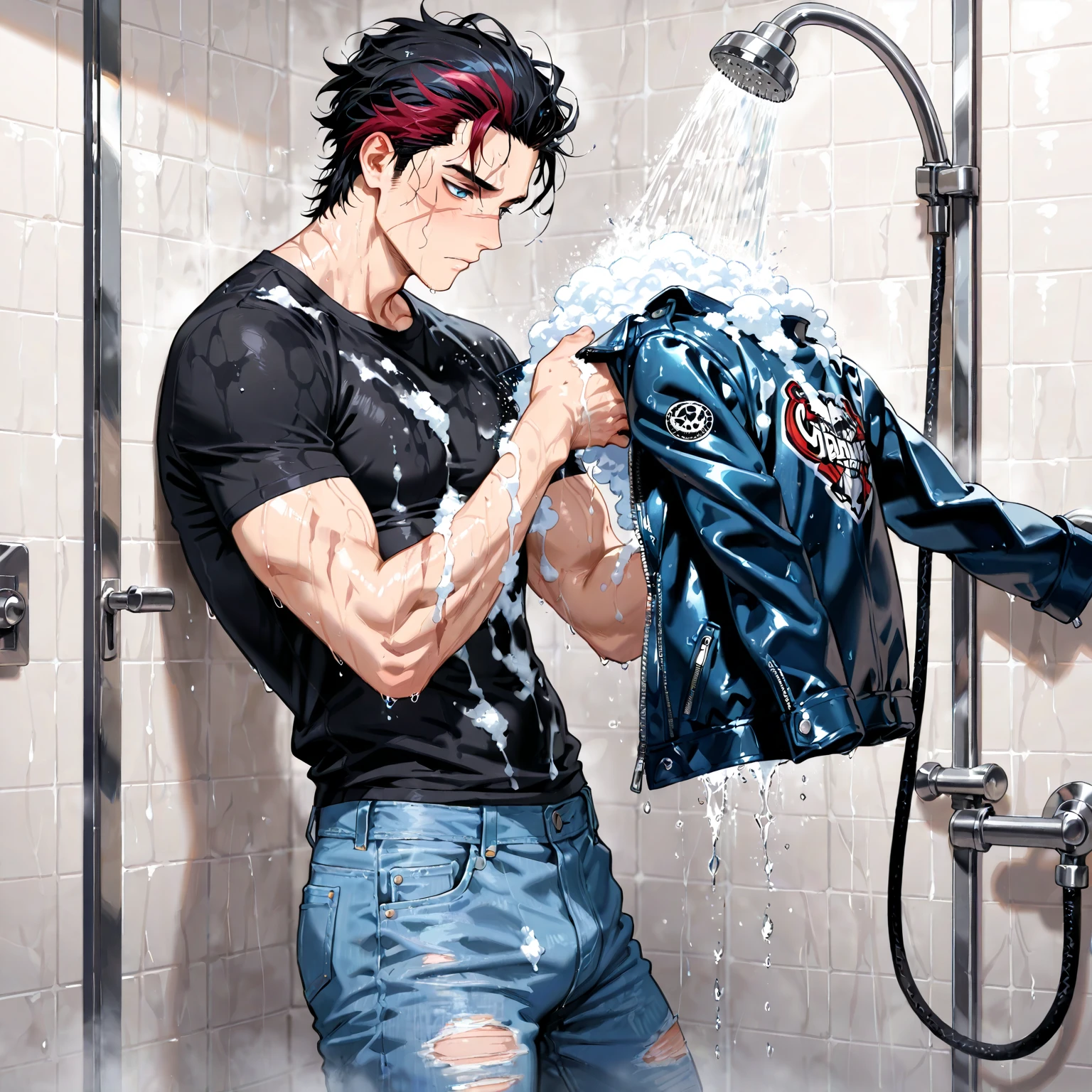masterpiece, best quality red eyes, game cg, 1boy man, rugged face, solo, male focus, looking at viewer, upper body, Natsu Dragneel natsu_dragneel, pink hair, red eyes, shirtless naked, toned muscle, pectorals, 8 abs, toned legs, ((naked flaccid penis and scrotum )), slightly bulged, bathroom shower, detailed, dynamic lighting, well lit, ((wet body)) (ultra-high quality) body wet in water, shower water falling, (water droplets:1.5) (particle effects:1.2), raining:1.2, ambient lighting, (fiery pink hair:1.1) toned body exuberating strength and confidence), (fine details:1.1), (soap lather:1.1) (soap bubbles:1.5) (ultra-high quality:1.5)