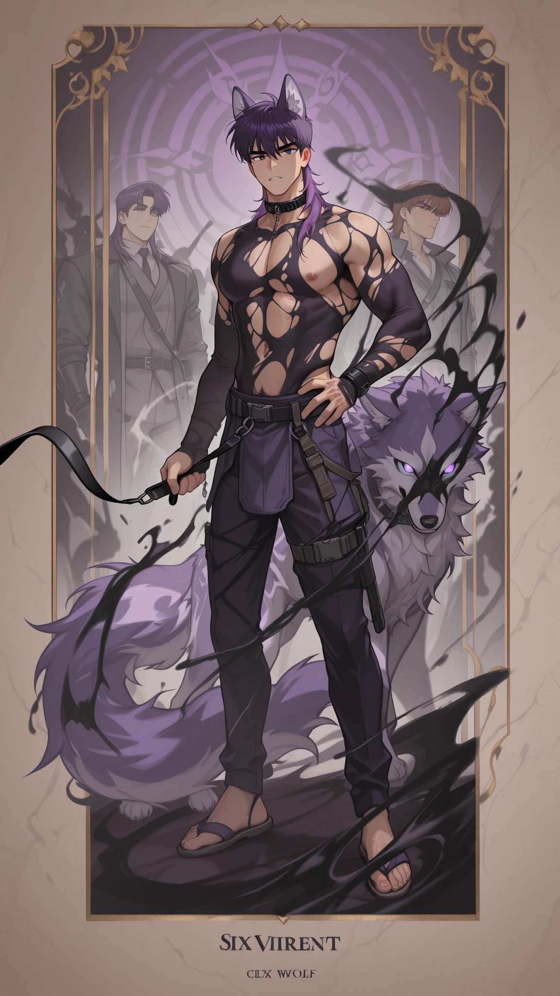 Full hd , purple hair , 8k , clear face , handsome , manhwa, 2 eyes are clearly not blurred, virile , color tone , eyes are not distorted , short mullet hair , short hair, six zones , open belly , short hair , nam , purple wolf , thorny , leash , darkness , mullet hair ngắn , handsome , virile , mullet hair